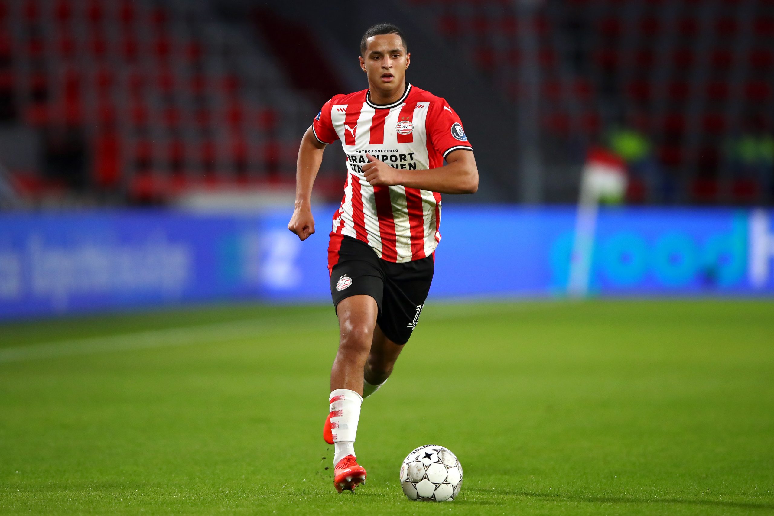 EINDHOVEN, NETHERLANDS - NOVEMBER 01: Mohamed Ihattaren of PSV in action during the Dutch Eredivisie match between PSV Eindhoven and ADO Den Haag at Philips Stadion on November 01, 2020 in Eindhoven, Netherlands. (Photo by Dean Mouhtaropoulos/Getty Images)