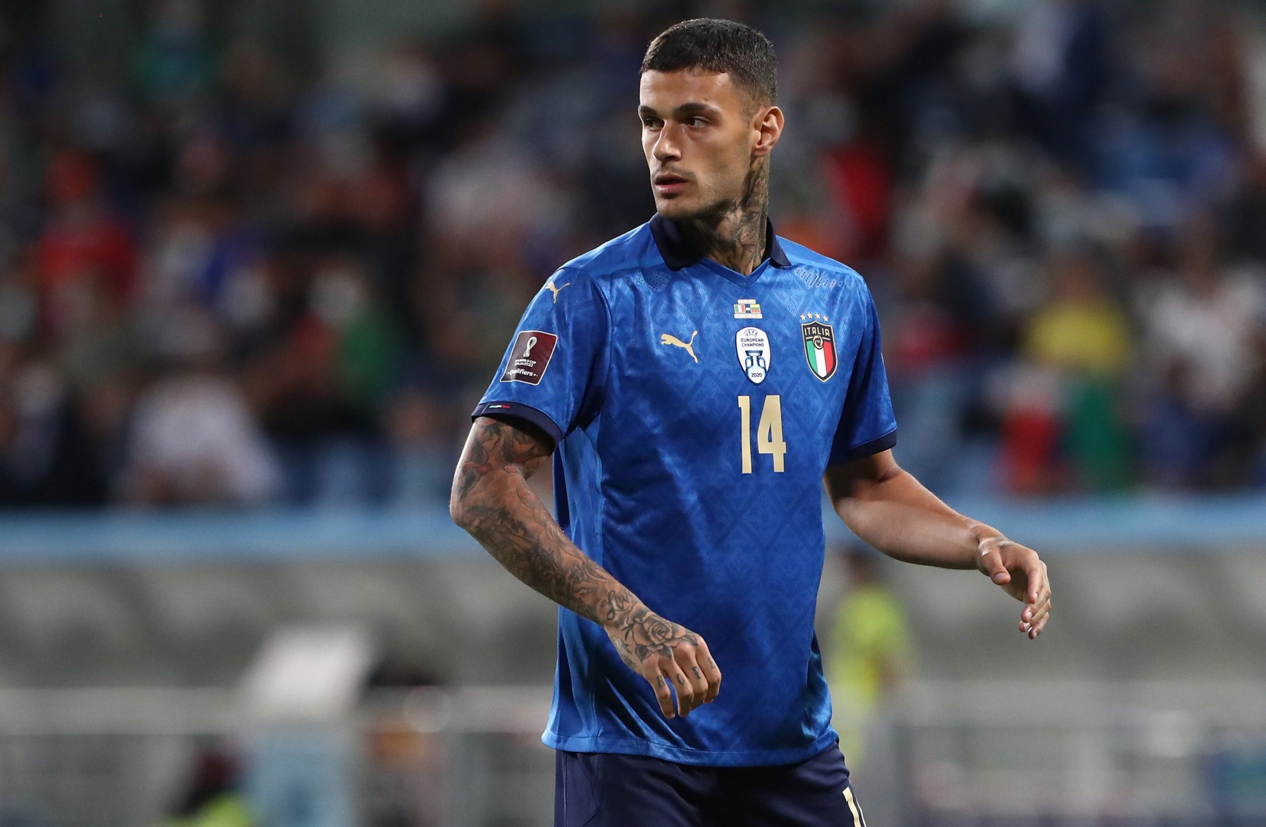 REGGIO NELL'EMILIA, ITALY - SEPTEMBER 08: Gianluca Scamacca of Italy looks on during the 2022 FIFA World Cup Qualifier match between Italy and Lithuania at Mapei Stadium - Citta' del Tricolore on September 08, 2021 in Reggio nell'Emilia, . (Photo by Marco Luzzani/Getty Images)