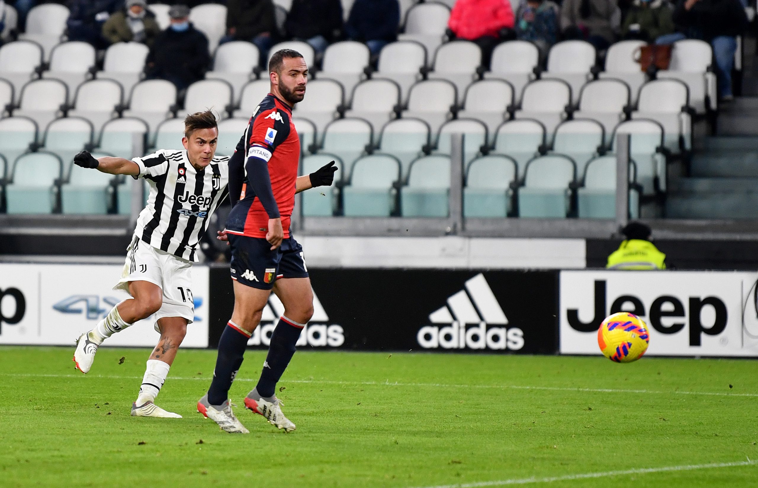 TURIN, ITALY - DECEMBER 05: Paulo Dybala of Juventus scores their team's second goal during the Serie A match between Juventus and Genoa CFC at on December 05, 2021 in Turin, Italy. (Photo by Valerio Pennicino/Getty Images)