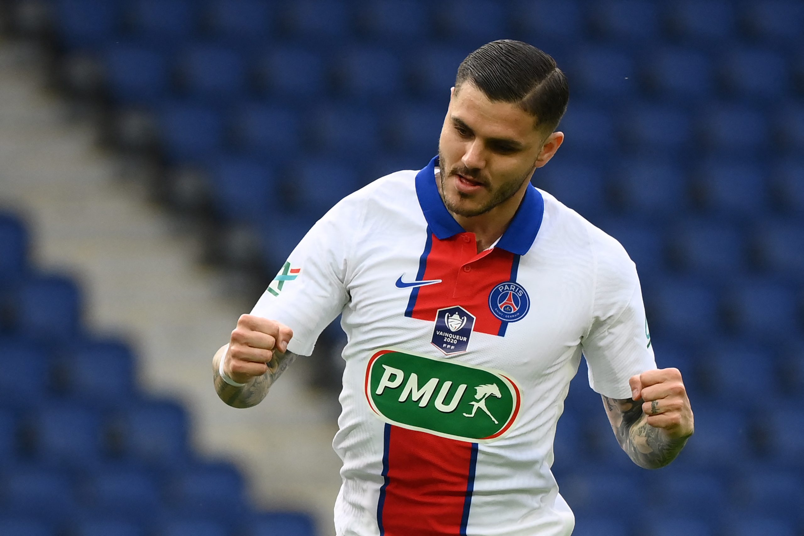 Paris Saint-Germain's Argentinian forward Mauro Icardi celebrates after scoring the first goal during the French Cup quarter-final football match between Paris Saint-Germain (PSG) and SCO Angers at the Parc des Princes stadium in Paris on April 21, 2021. (Photo by FRANCK FIFE / AFP) (Photo by FRANCK FIFE/AFP via Getty Images)