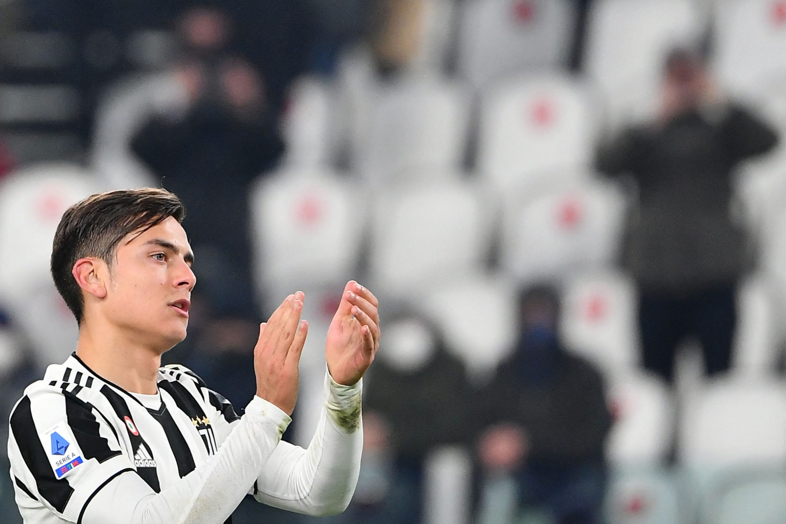 Juventus' Argentine forward Paulo Dybala acknowledges the public at the end of the Italian Serie A football match between Juventus and Udinese on January 15, 2022 at the Juventus stadium in Turin. (Photo by Isabella BONOTTO / AFP) (Photo by ISABELLA BONOTTO/AFP via Getty Images)