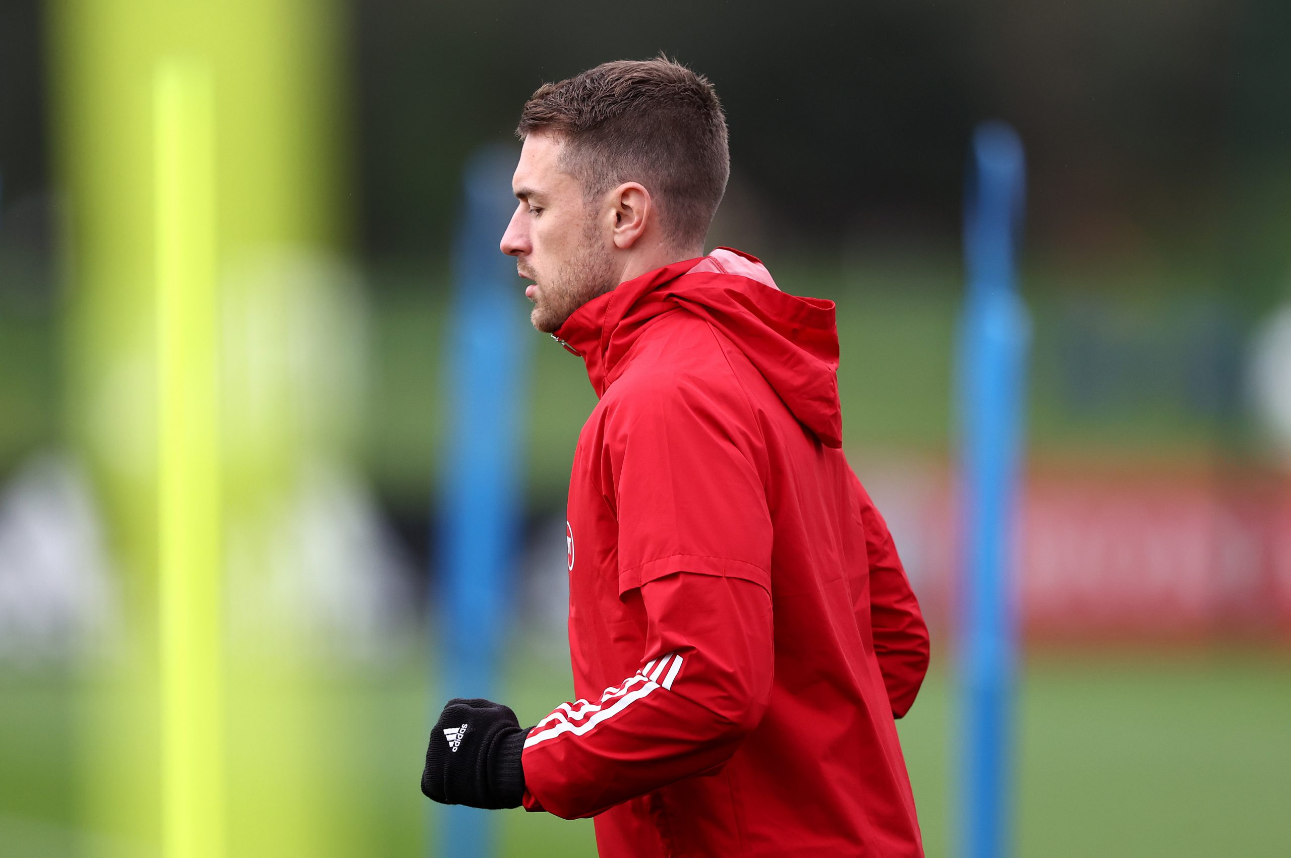 VALE OF GLAMORGAN, WALES - NOVEMBER 09: Aaron Ramsey of Wales trains during a Wales Training Session at The Vale Resort on November 09, 2021 in Vale of Glamorgan, Wales. (Photo by Ryan Pierse/Getty Images)