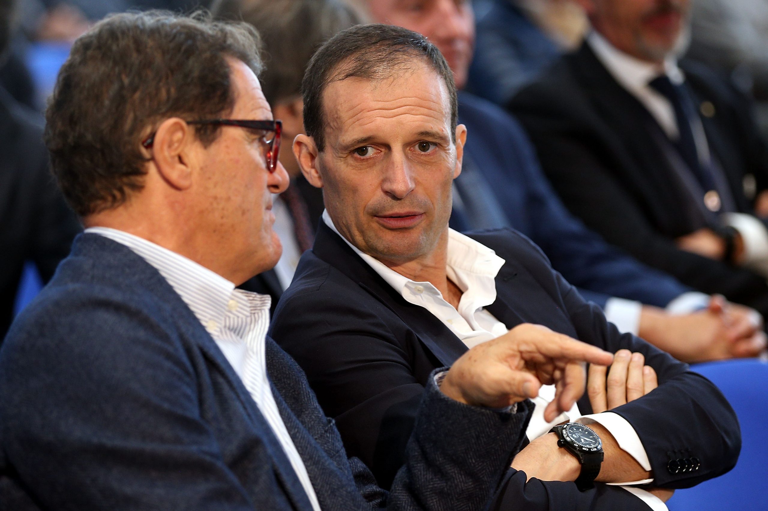 FLORENCE, ITALY - NOVEMBER 12: Fabio Capello and Massimiliano Allegri manager of Juventus during the "Golden Bench" award at Centro Tecnico Federale di Coverciano on November 12, 2018 in Florence, Italy. (Photo by Gabriele Maltinti/Getty Images)