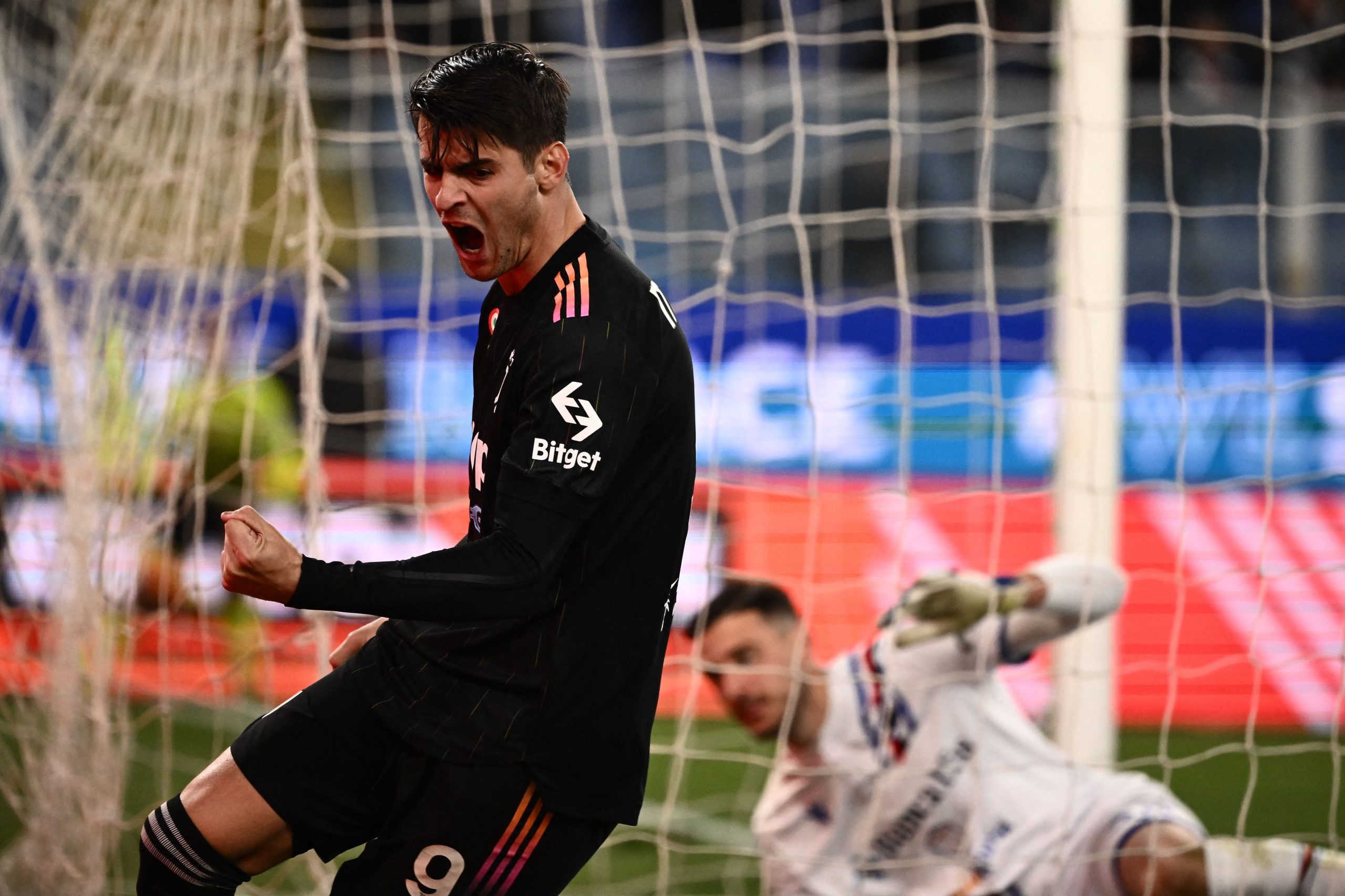 Juventus' Spanish forward Alvaro Morata (L) celebrates after scoring a header during the Italian Serie A football match between Sampdoria and Juventus on March 12, 2022 at the Luigi-Ferraris stadium in Genoa, Liguria. (Photo by Marco BERTORELLO / AFP) (Photo by MARCO BERTORELLO/AFP via Getty Images)