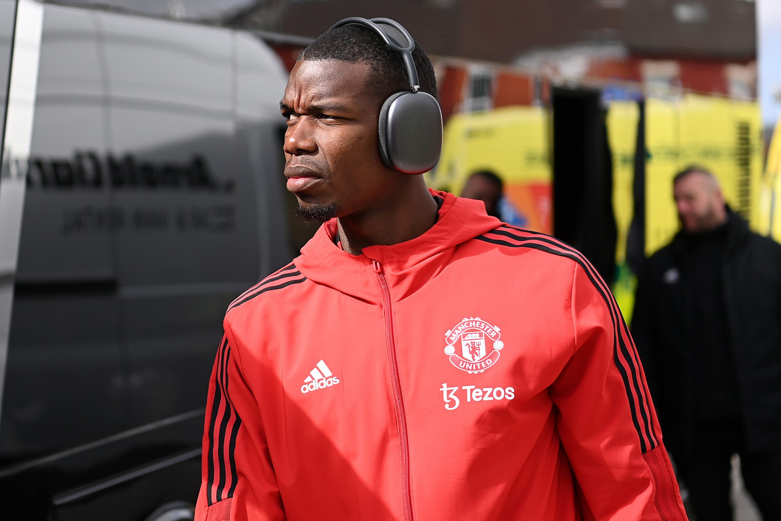 LIVERPOOL, ENGLAND - APRIL 09: Paul Pogba of Manchester United arrives at the stadium prior to the Premier League match between Everton and Manchester United at Goodison Park on April 09, 2022 in Liverpool, England. (Photo by Michael Regan/Getty Images)