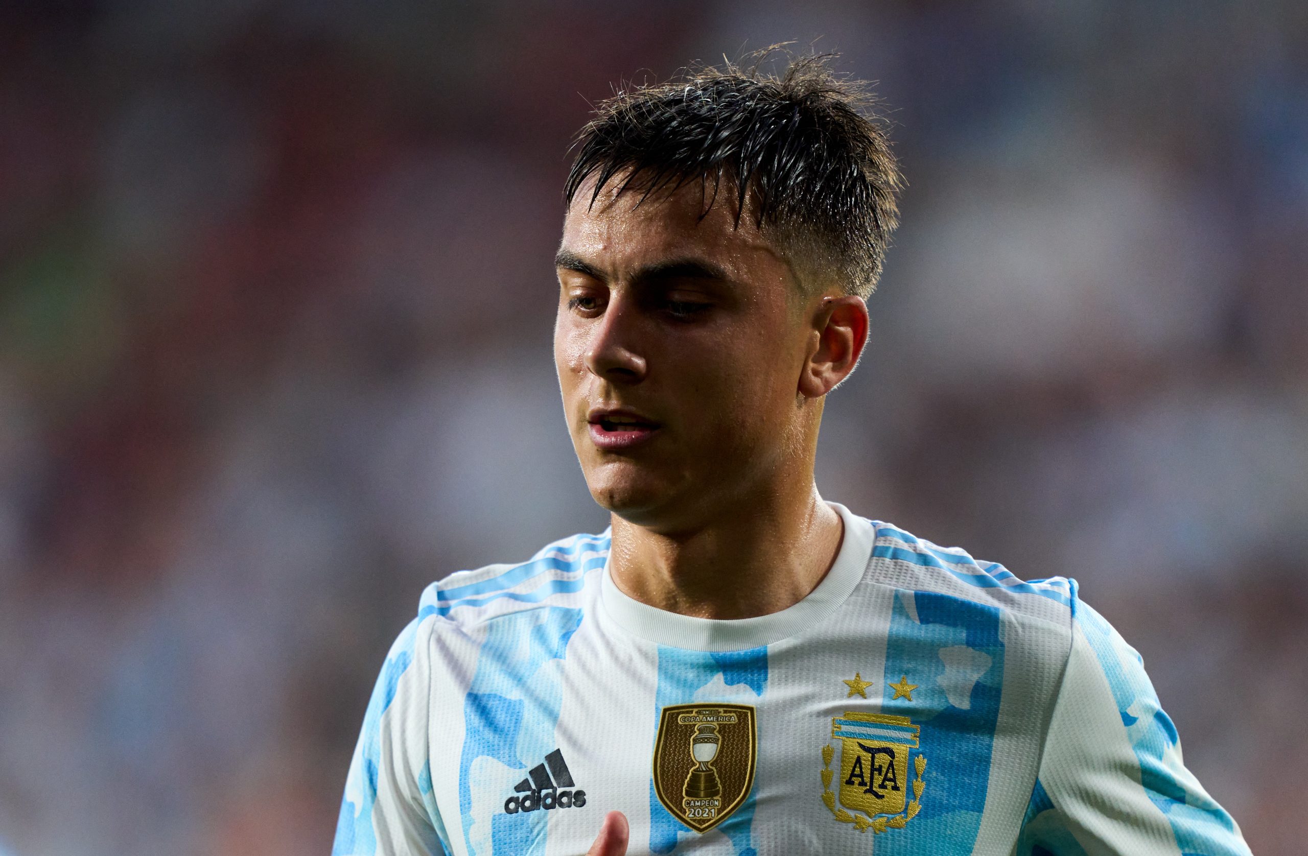 PAMPLONA, SPAIN - JUNE 05: Paulo Dybala of Argentina reacts during the international friendly match between Argentina and Estonia at Estadio El Sadar on June 05, 2022 in Pamplona, Spain. (Photo by Juan Manuel Serrano Arce/Getty Images)