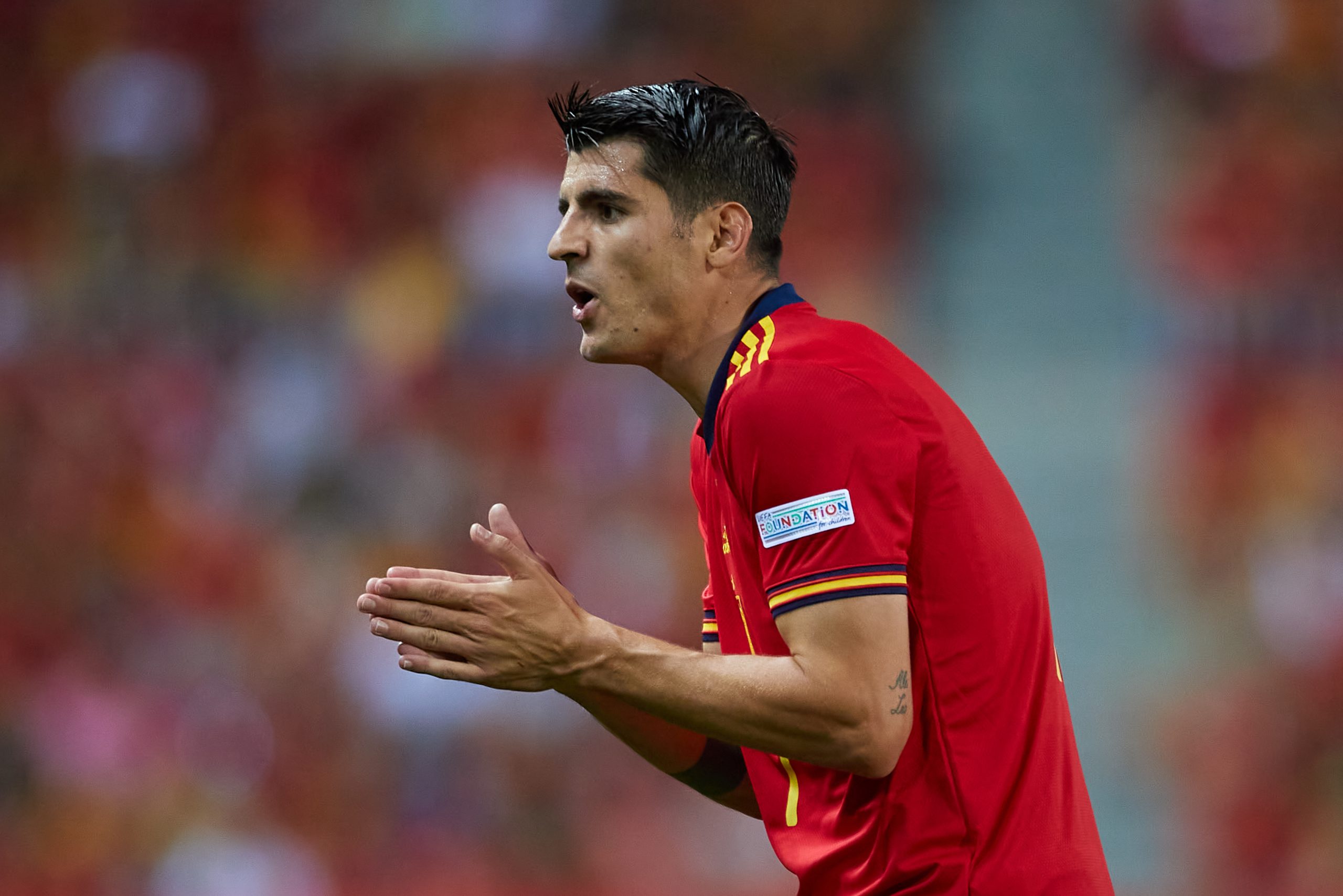 MALAGA, SPAIN - JUNE 12: Alvaro Morata of Spain looks on during the UEFA Nations League League A Group 2 match between Spain and Czech Republic at La Rosaleda Stadium on June 12, 2022 in Malaga, Spain. (Photo by Fran Santiago/Getty Images)