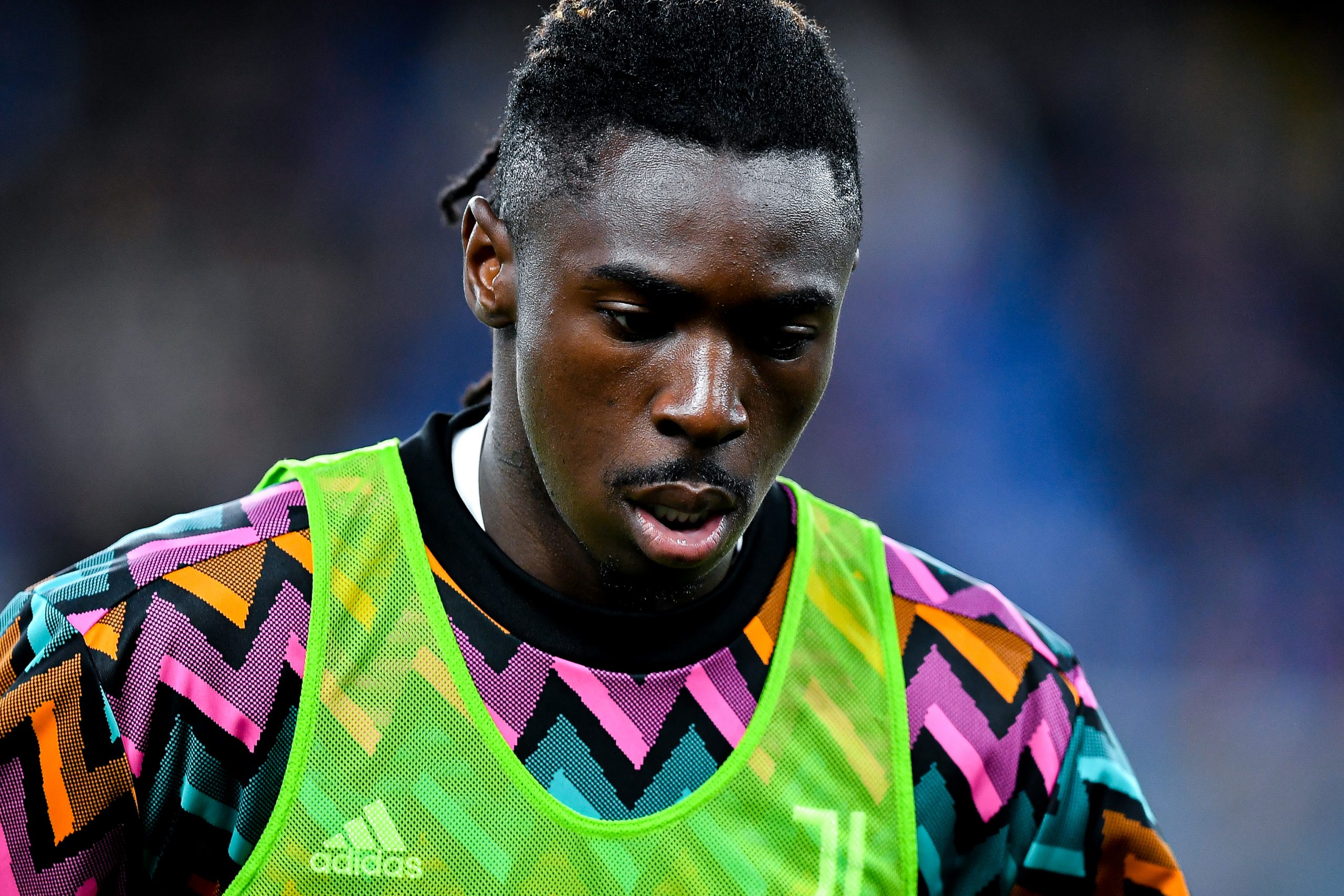 GENOA, ITALY - MAY 6: Moise Kean of Juventus looks on during his warm-up session prior to kick-off in the Serie A match between Genoa CFC and Juventus at Stadio Luigi Ferraris on April 30, 2022 in Genoa, Italy. (Photo by Getty Images)