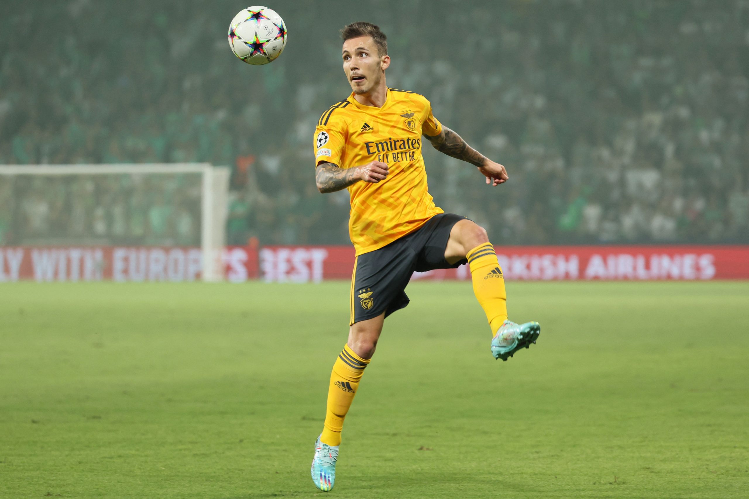 Benfica's Spanish defender Alex Grimaldo controls the ball during the UEFA Champions League group H football match between Israel's Maccabi Haifa and Portugal's Benfica at the Sammy Ofer stadium in the city of Haifa on November 2, 2022. (Photo by JACK GUEZ / AFP) (Photo by JACK GUEZ/AFP via Getty Images)