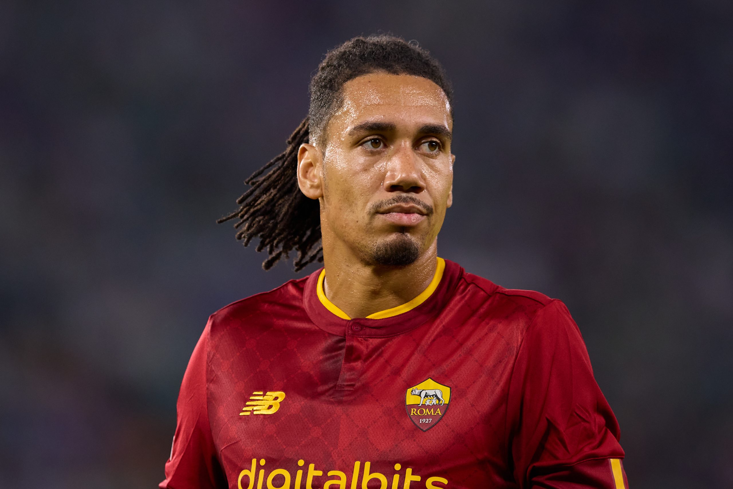 SEVILLE, SPAIN - OCTOBER 13: Chris Smalling of AS Roma looks on during the UEFA Europa League group C match between Real Betis and AS Roma at Estadio Benito Villamarin on October 13, 2022 in Seville, Spain. (Photo by Fran Santiago/Getty Images)