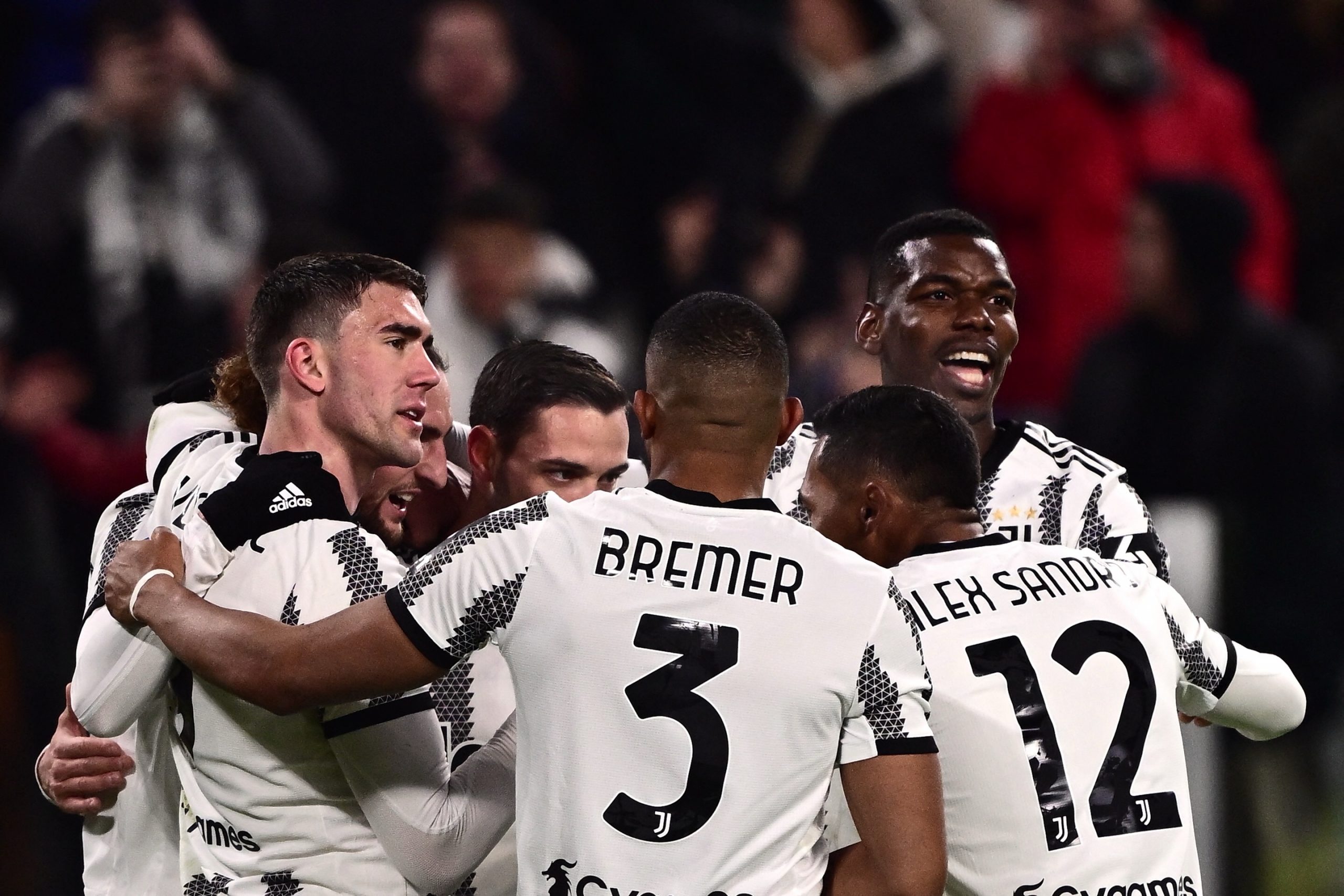 Juventus' French midfielder Adrien Rabiot celebrates a goal with teammates during the Italian Serie A football match between Juventus and Torino at the Juventus Stadium in Turin on February 28, 2023. (Photo by MARCO BERTORELLO / AFP) (Photo by MARCO BERTORELLO/AFP via Getty Images)