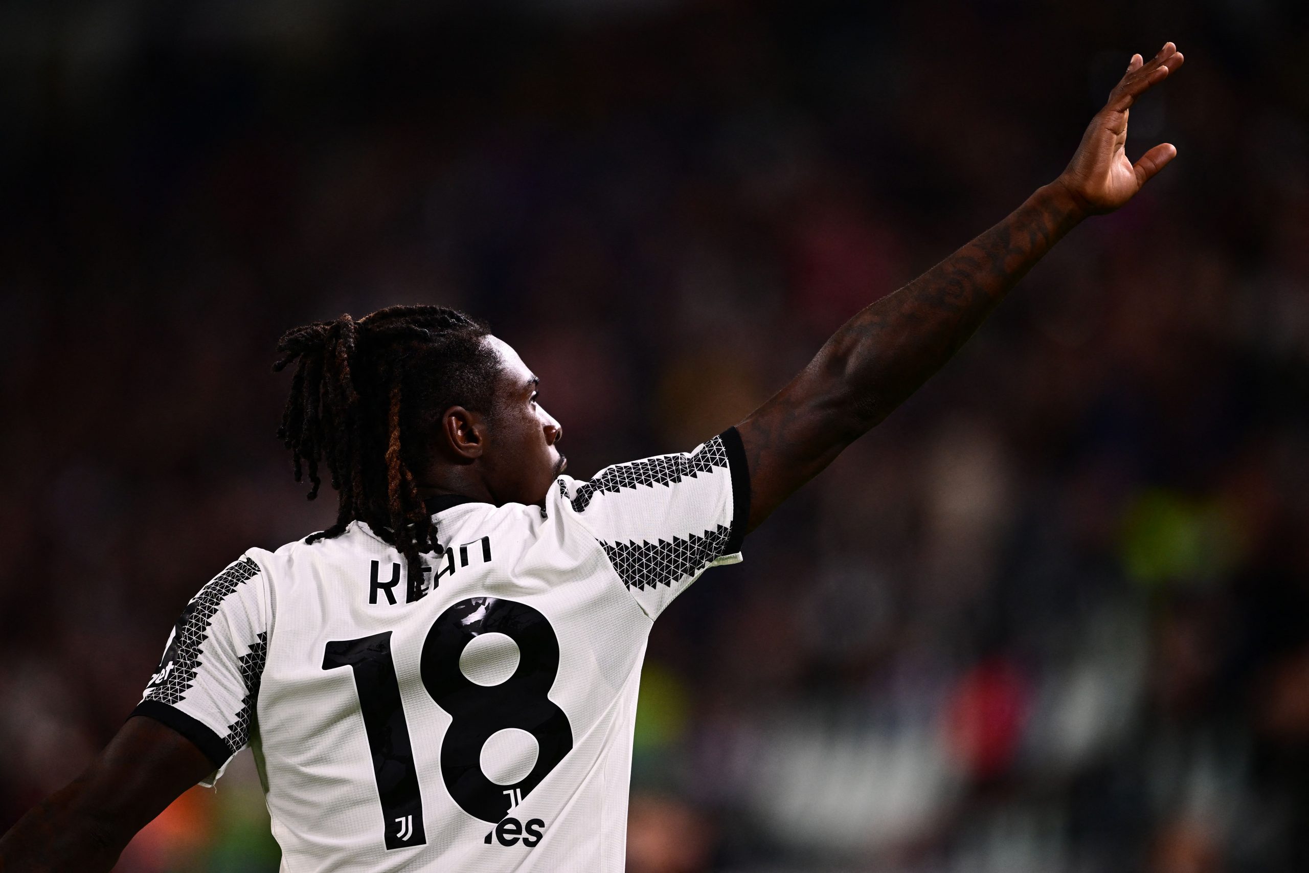 Juventus' Italian forward Moise Kean celebrates after opening the scoring during the Italian Serie A football match between Juventus and Hellas Verona on April 1, 2023 at the Juventus stadium in Turin. (Photo by Marco BERTORELLO / AFP) (Photo by MARCO BERTORELLO/AFP via Getty Images)