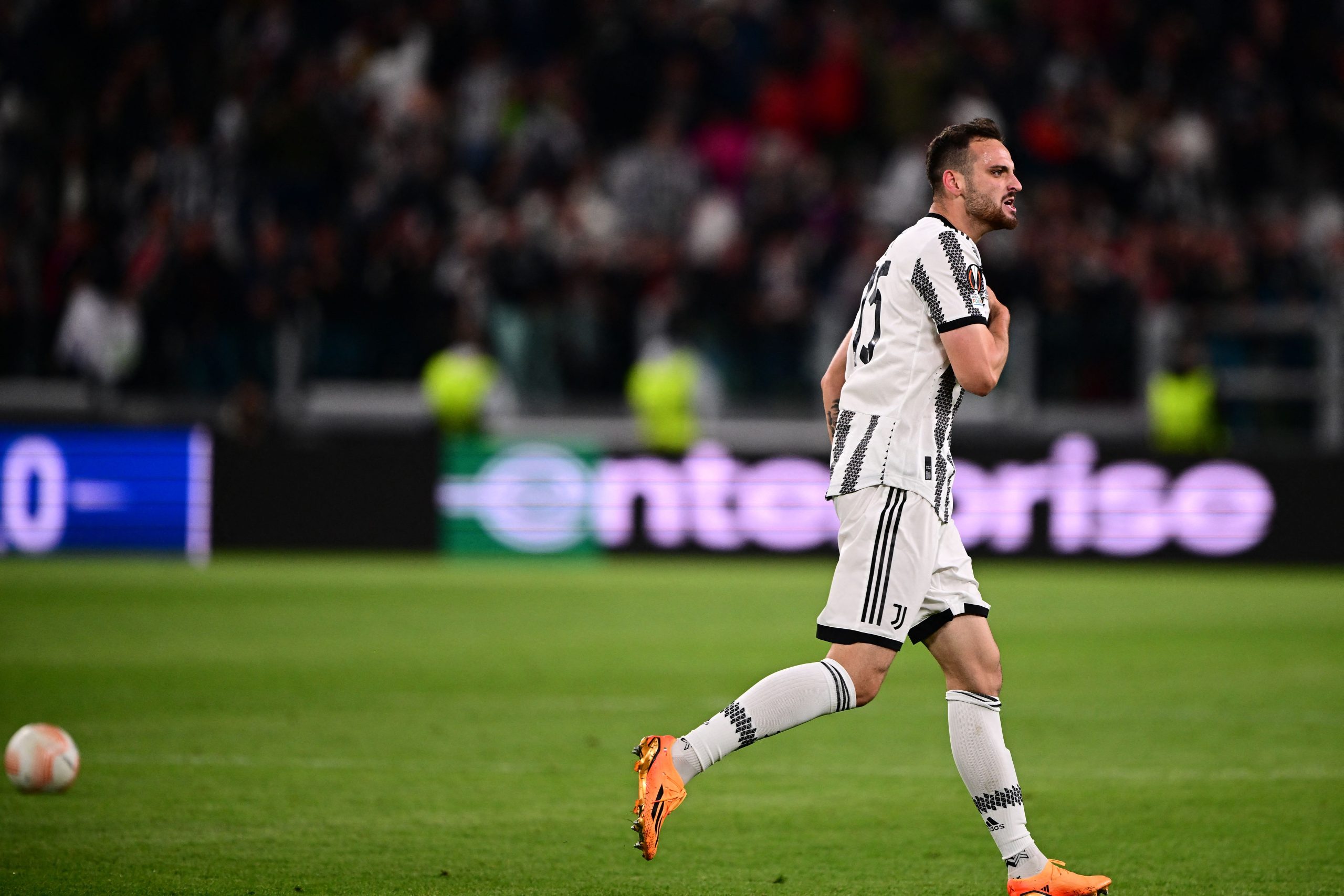 Juventus' Italian defender Federico Gatti celebrates after scoring an equalizer during the UEFA Europa League semi-final first leg football match between Juventus and Sevilla on May 11, 2023 at the Juventus stadium in Turin. (Photo by Marco BERTORELLO / AFP) (Photo by MARCO BERTORELLO/AFP via Getty Images)