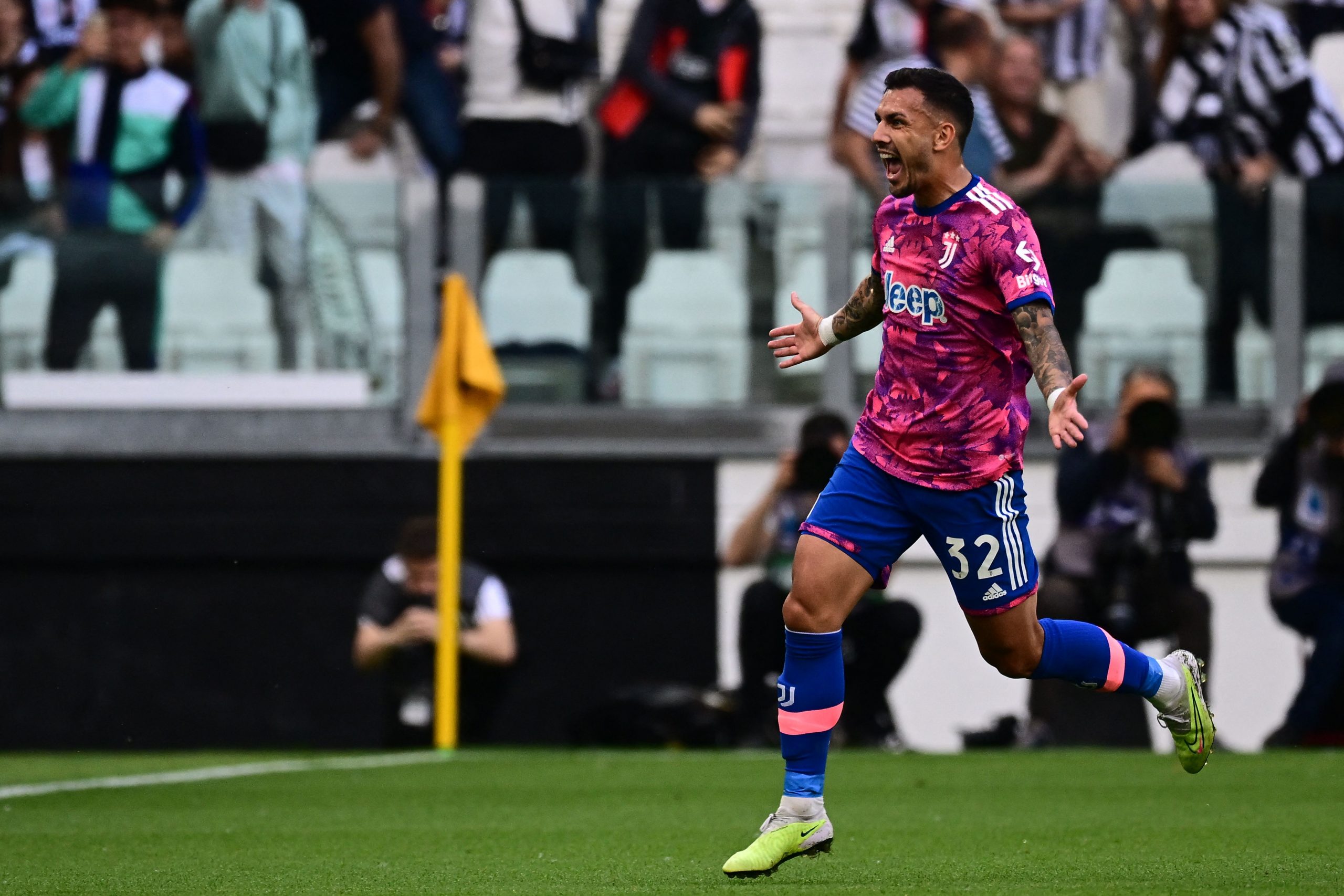 Juventus' Argentine midfielder Leandro Paredes celebrates after opening the scoring during the Italian Serie A football match between Juventus and Lecce on May 3, 2023 at the Juventus stadium in Turin. (Photo by Marco BERTORELLO / AFP) (Photo by MARCO BERTORELLO/AFP via Getty Images)