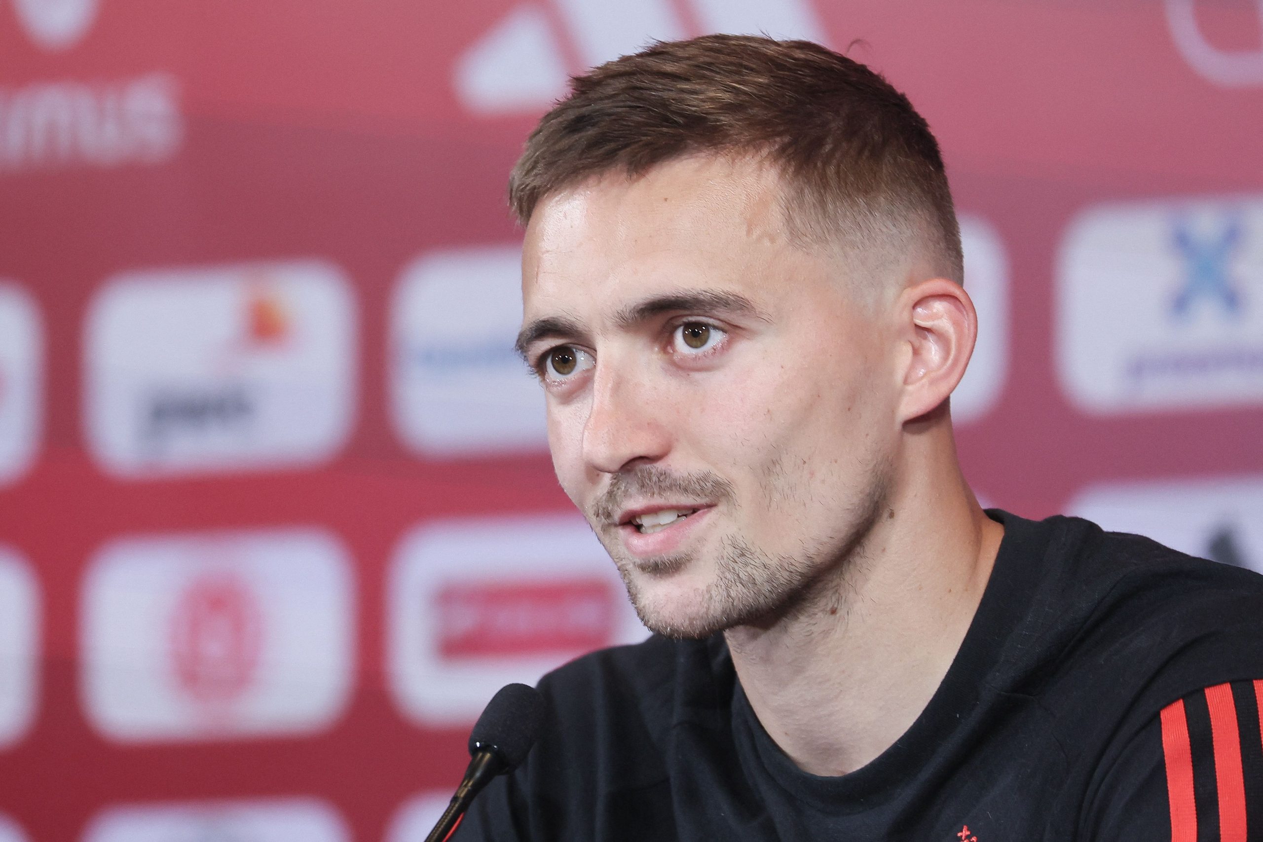 Belgium's Timothy Castagne pictured during a press conference of Belgian national soccer team Red Devils, Friday 16 June 2023, at the Royal Belgian Football Association RBFA's headquarters in Tubize, in preparation of the matches against Austria and Estonia later this month. BELGA PHOTO BRUNO FAHY (Photo by BRUNO FAHY / BELGA MAG / Belga via AFP) (Photo by BRUNO FAHY/BELGA MAG/AFP via Getty Images)