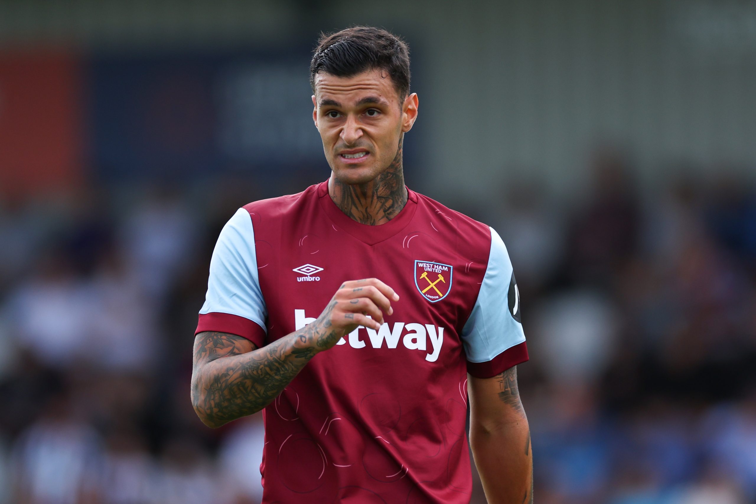 BOREHAMWOOD, ENGLAND - JULY 10: Gianluca Scamacca of West Ham United during the Pre-Season Friendly between Borehamwood and West Ham United at Meadow Park on July 10, 2023 in Borehamwood, England. (Photo by Marc Atkins/Getty Images)