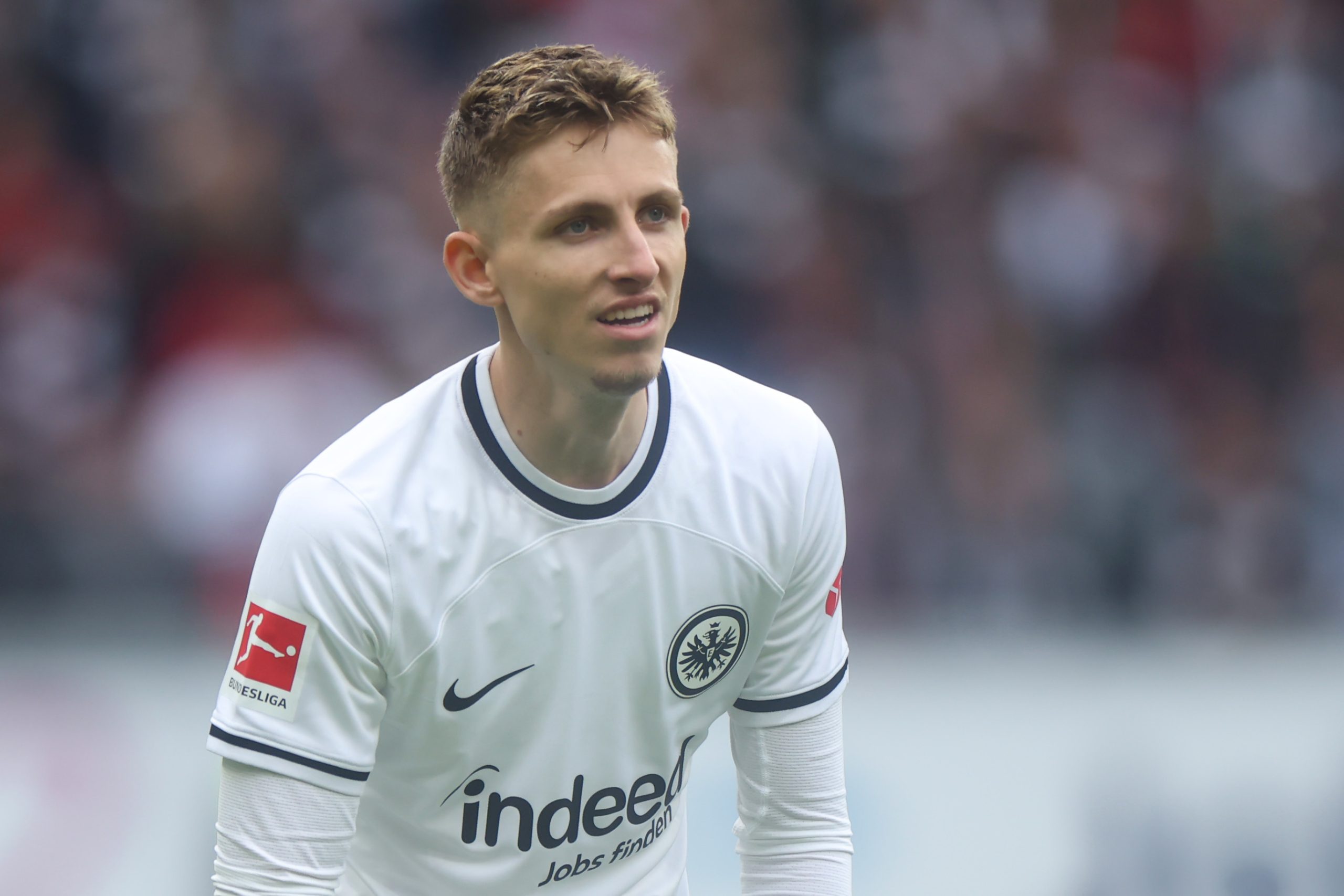 FRANKFURT AM MAIN, GERMANY - APRIL 29: Jesper Lindstrom of Eintracht Frankfurt reacts during the Bundesliga match between Eintracht Frankfurt and FC Augsburg at Deutsche Bank Park on April 29, 2023 in Frankfurt am Main, Germany. (Photo by Alex Grimm/Getty Images)
