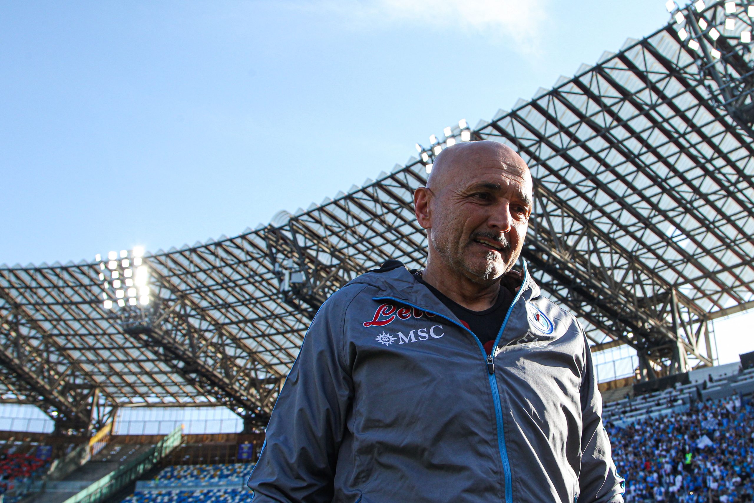 Napoli's Italian coach Luciano Spalletti looks on prior to the Italian Serie A football match between SSC Napoli and Fiorentina on May 7, 2023 at the Diego-Maradona stadium in Naples. Napoli makes their first appearance in front of their home fans on May 7 since becoming Italian champions for the first time since 1990 when they host Fiorentina. (Photo by Carlo Hermann / AFP) (Photo by CARLO HERMANN/AFP via Getty Images)