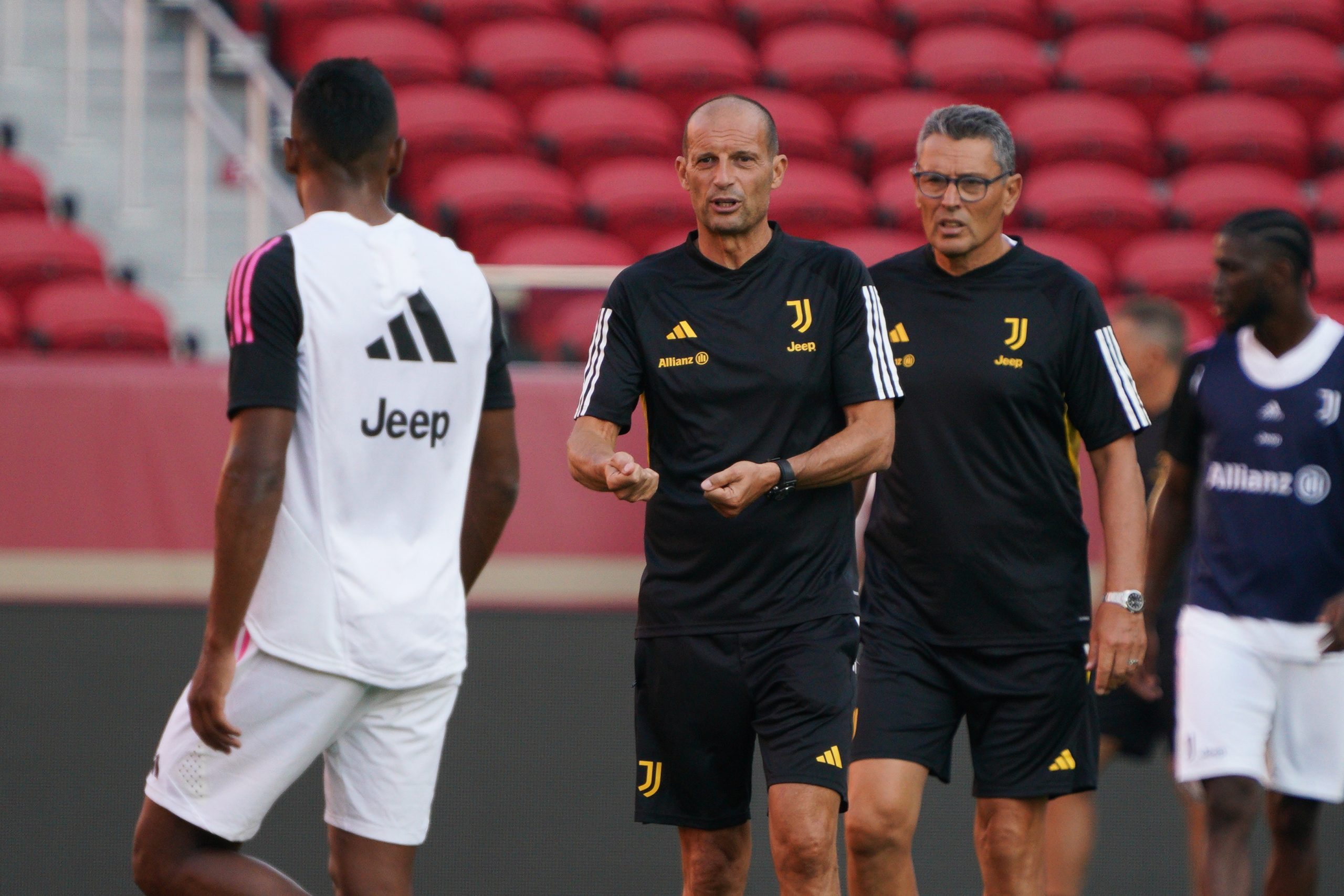 SANTA CLARA, CALIFORNIA - JULY 22: Head coach Massimiliano Allegri of Juventus gestures during his club's training session after the planned friendly against Barcelona was cancelled, at Levi's Stadium on July 22, 2023 in Santa Clara, California. (Photo by Loren Elliott/Getty Images)