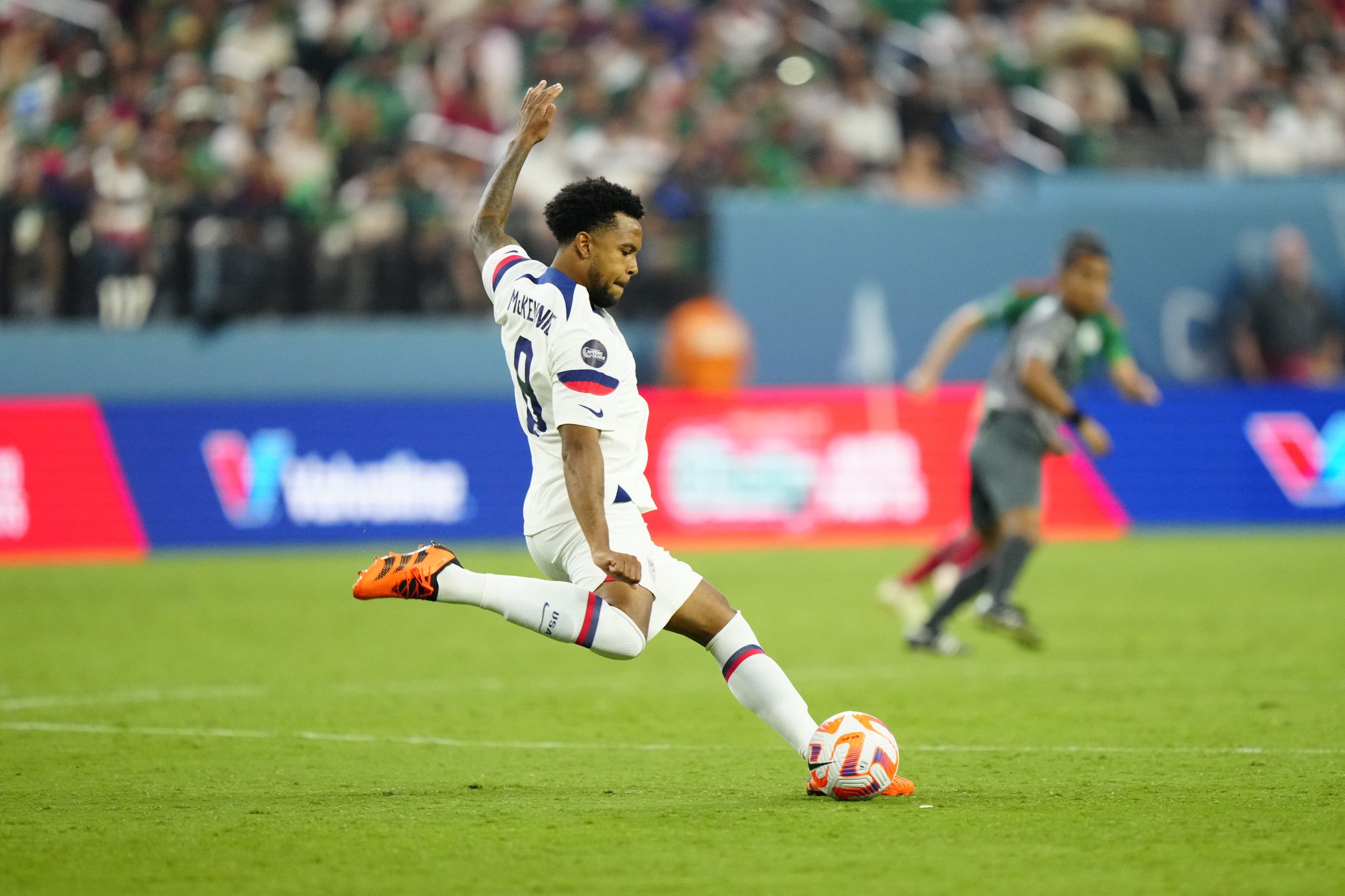 LAS VEGAS, NEVADA - JUNE 15: Weston Mckennie #8 of USA kicks the ball in the first half against Mexico during the 2023 CONCACAF Nations League semifinals at Allegiant Stadium on June 15, 2023 in Las Vegas, Nevada. (Photo by Louis Grasse/Getty Images)