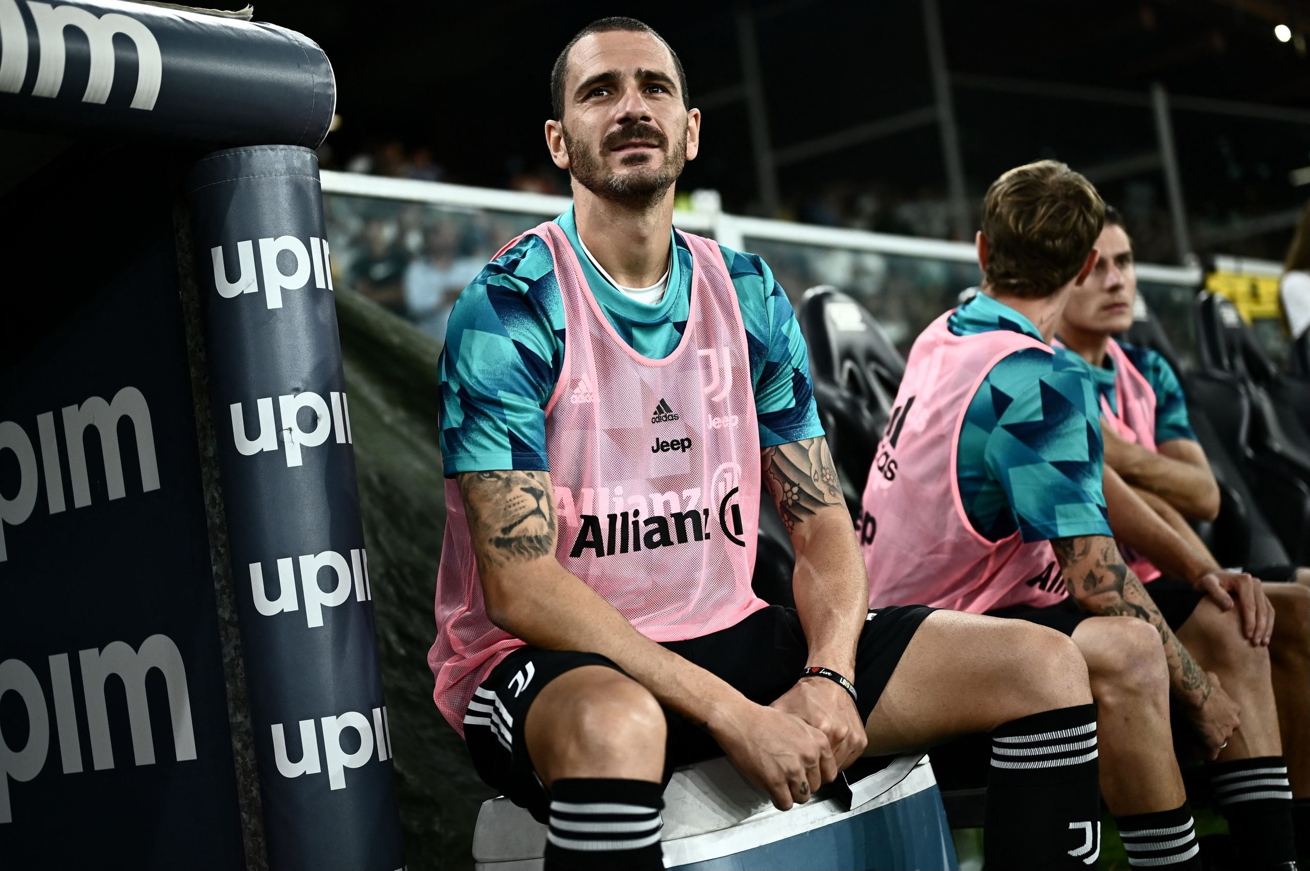 Juventus' Italian defender Leonardo Bonucci sits on the bench during the Italian Serie A football match between Sampdoria and Juventus at the Luigi Ferraris Stadium in Genoa, on August 22, 2022. (Photo by MARCO BERTORELLO / AFP) (Photo by MARCO BERTORELLO/AFP via Getty Images)
