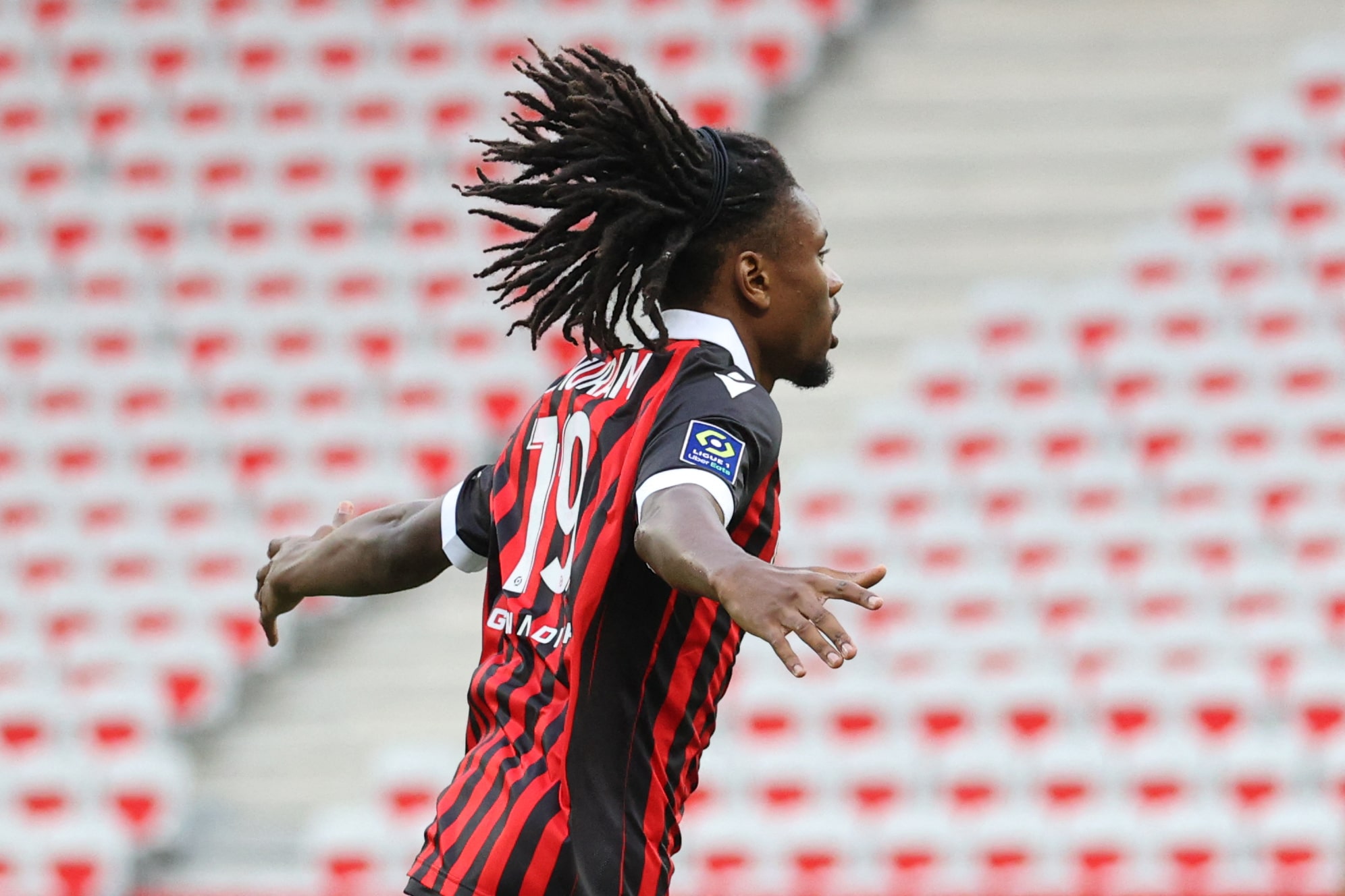 Nice's French midfielder Khephren Thuram celebrates after scoring a goal during the French L1 football match between Nice (OGC Nice) and Bordeaux (Girondins de Bordeaux) at the Allianz Riviera stadium in Nice, south-eastern France, on August 28, 2021. (Photo by Valery HACHE / AFP) (Photo by VALERY HACHE/AFP via Getty Images)