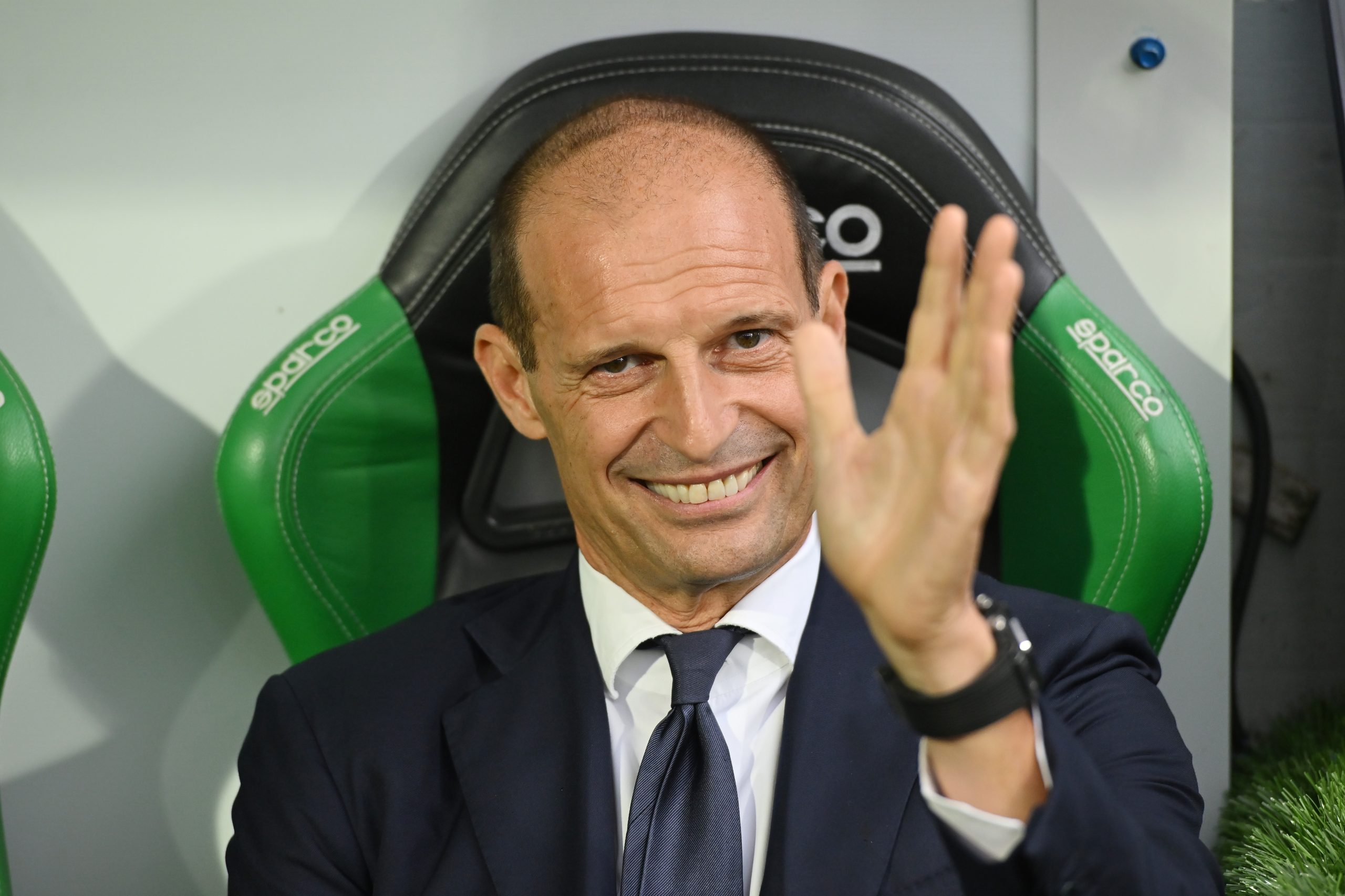 REGGIO NELL'EMILIA, ITALY - SEPTEMBER 23: Massimiliano Allegri, Head Coach of Juventus smiles prior to the Serie A TIM match between US Sassuolo and Juventus at Mapei Stadium - Citta' del Tricolore on September 23, 2023 in Reggio nell'Emilia, Italy. (Photo by Alessandro Sabattini/Getty Images)
