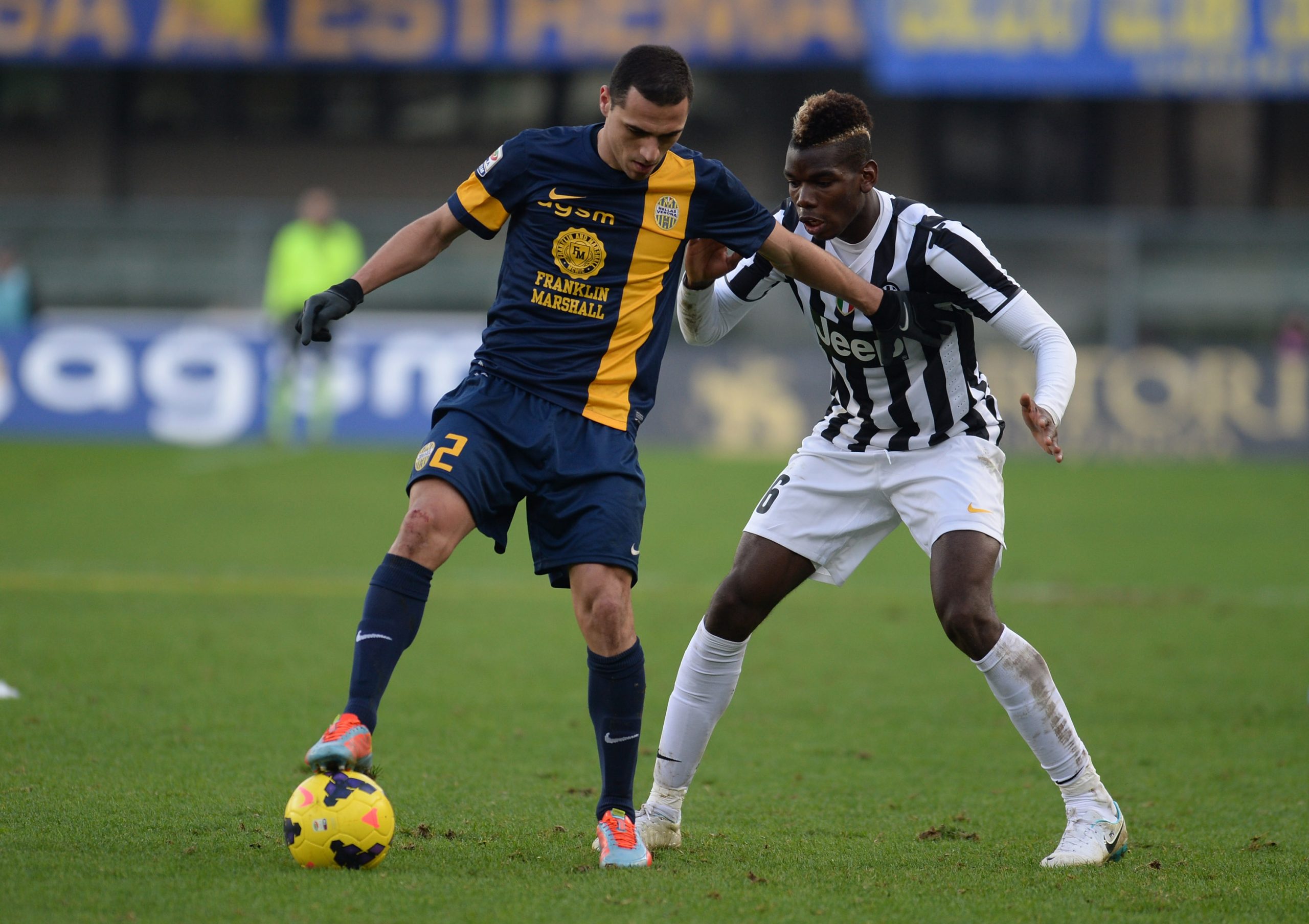 VERONA, ITALY - FEBRUARY 09: Romulo Orestes Caldera (L) of Hellas Verona competes with Paul Pogba of Juventus during the Serie A match between Hellas Verona FC and Juventus at Stadio Marc'Antonio Bentegodi on February 9, 2014 in Verona, Italy. (Photo by Dino Panato/Getty Images)