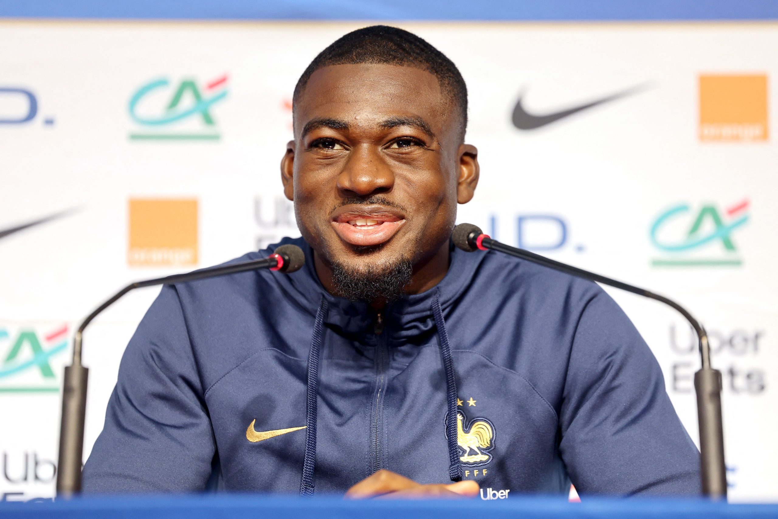 France's midfielder Youssouf Fofana speaks during a press conference at the LOSC training centre in Camphin-en-Pevele, near Lille, northern France, on October 15, 2023, ahead of their friendly football match against Scotland. The friendly football match between France and Scotland will be played at the Stade Pierre-Mauroy in Villeneuve-d'Ascq, near Lille, northern France, on October 17, 2023. (Photo by FRANCOIS LO PRESTI / AFP) (Photo by FRANCOIS LO PRESTI/AFP via Getty Images)