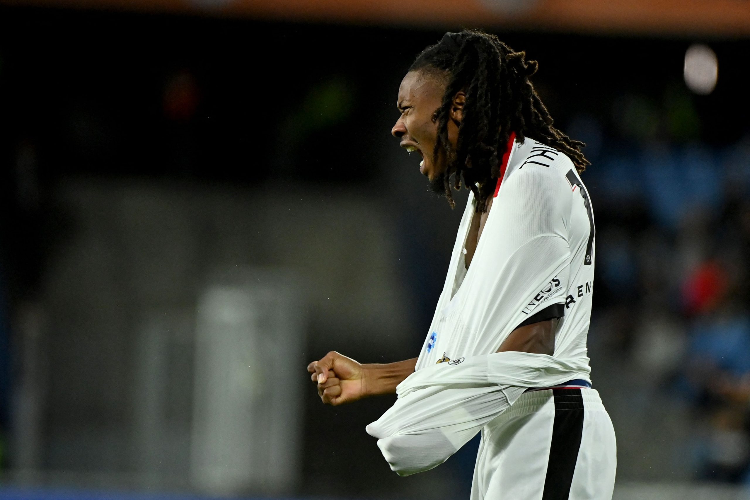Nice's French midfielder #19 Khephren Thuram reacts during the French L1 football match between Montpellier Herault SC and OGC Nice at Stade de la Mosson in Montpellier, southern France, on November 10, 2023. (Photo by Sylvain THOMAS / AFP) (Photo by SYLVAIN THOMAS/AFP via Getty Images)