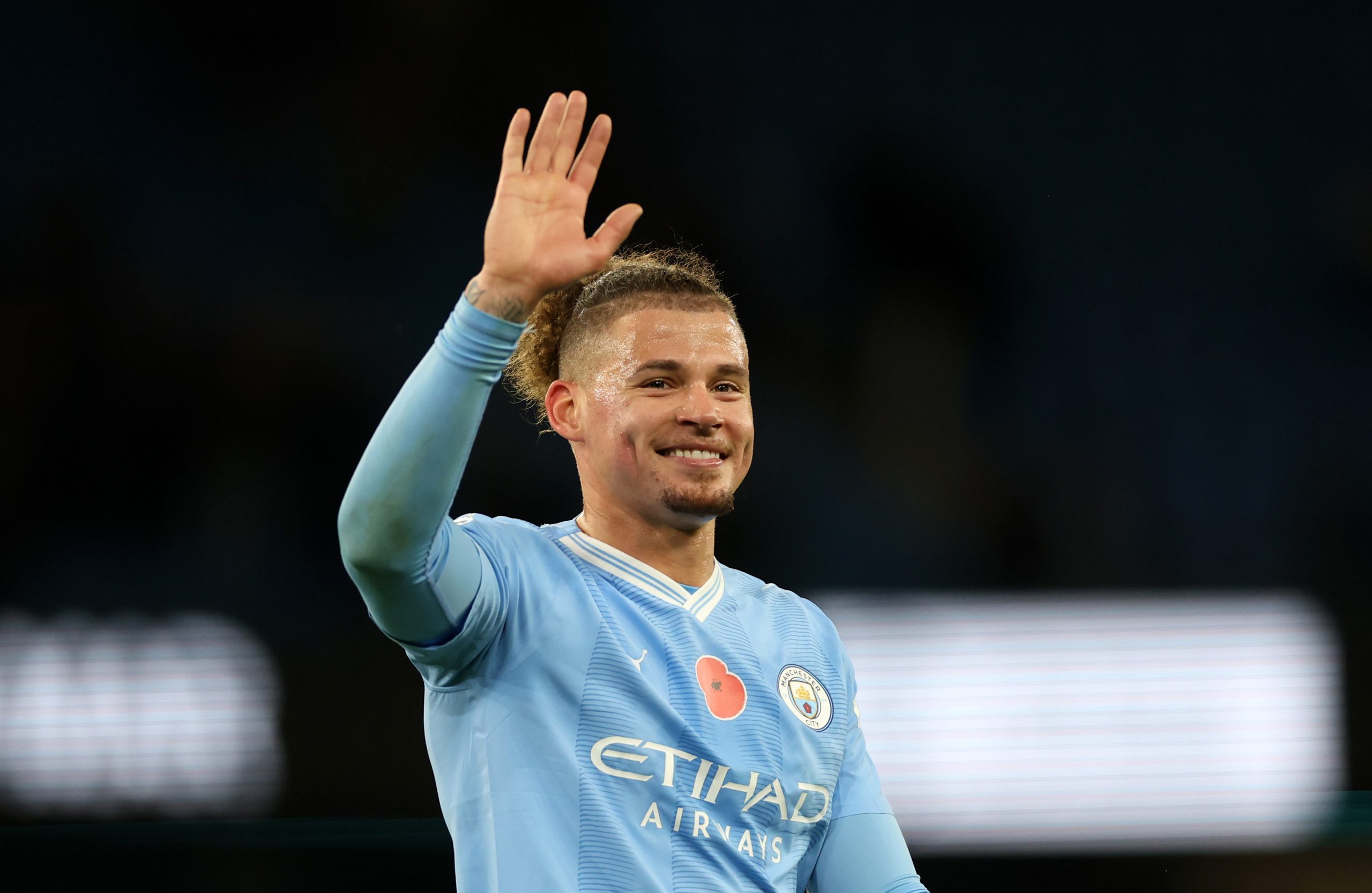 MANCHESTER, ENGLAND - NOVEMBER 04: Kalvin Phillips of Manchester City waves following the Premier League match between Manchester City and AFC Bournemouth at Etihad Stadium on November 04, 2023 in Manchester, England. (Photo by Catherine Ivill/Getty Images)