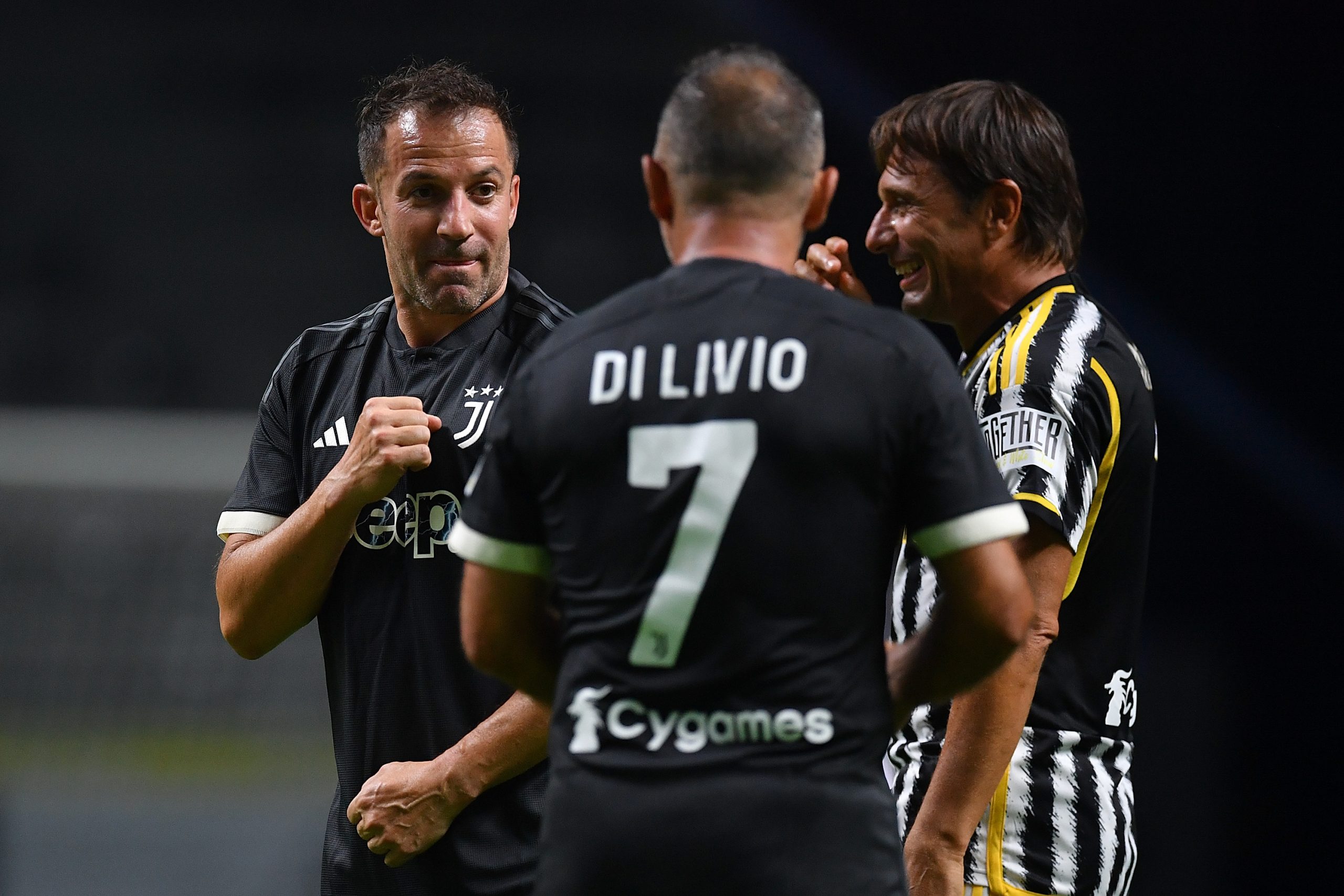 TURIN, ITALY - OCTOBER 10: Alessandro Del Piero jokes with Angelo Di Livio during the 'Together, a Black and White Show' event at on October 10, 2023 in Turin, Italy. (Photo by Valerio Pennicino/Getty Images