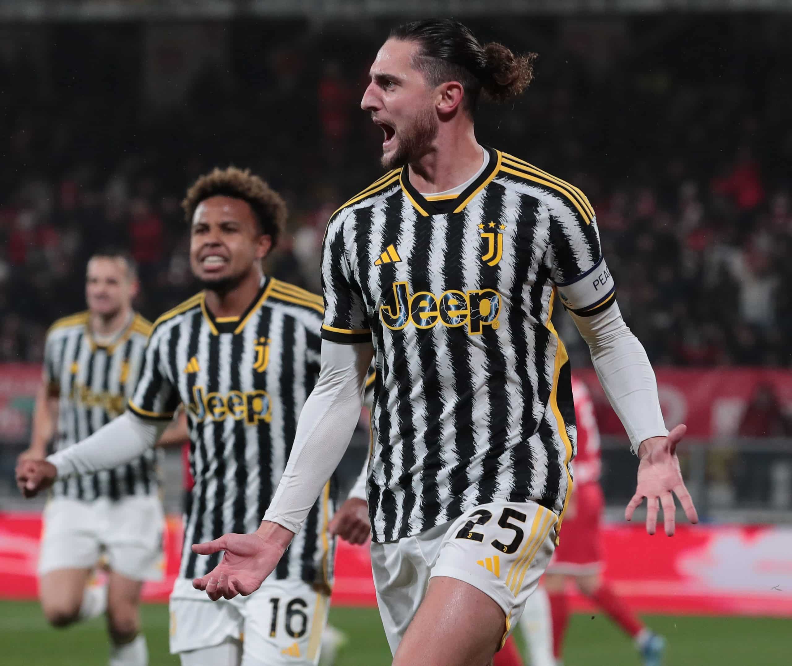 MONZA, ITALY - DECEMBER 01: Adrien Rabiot of Juventus celebrates after scoring the team's first goal during the Serie A TIM match between AC Monza and Juventus at U-Power Stadium on December 01, 2023 in Monza, Italy. (Photo by Emilio Andreoli/Getty Images)