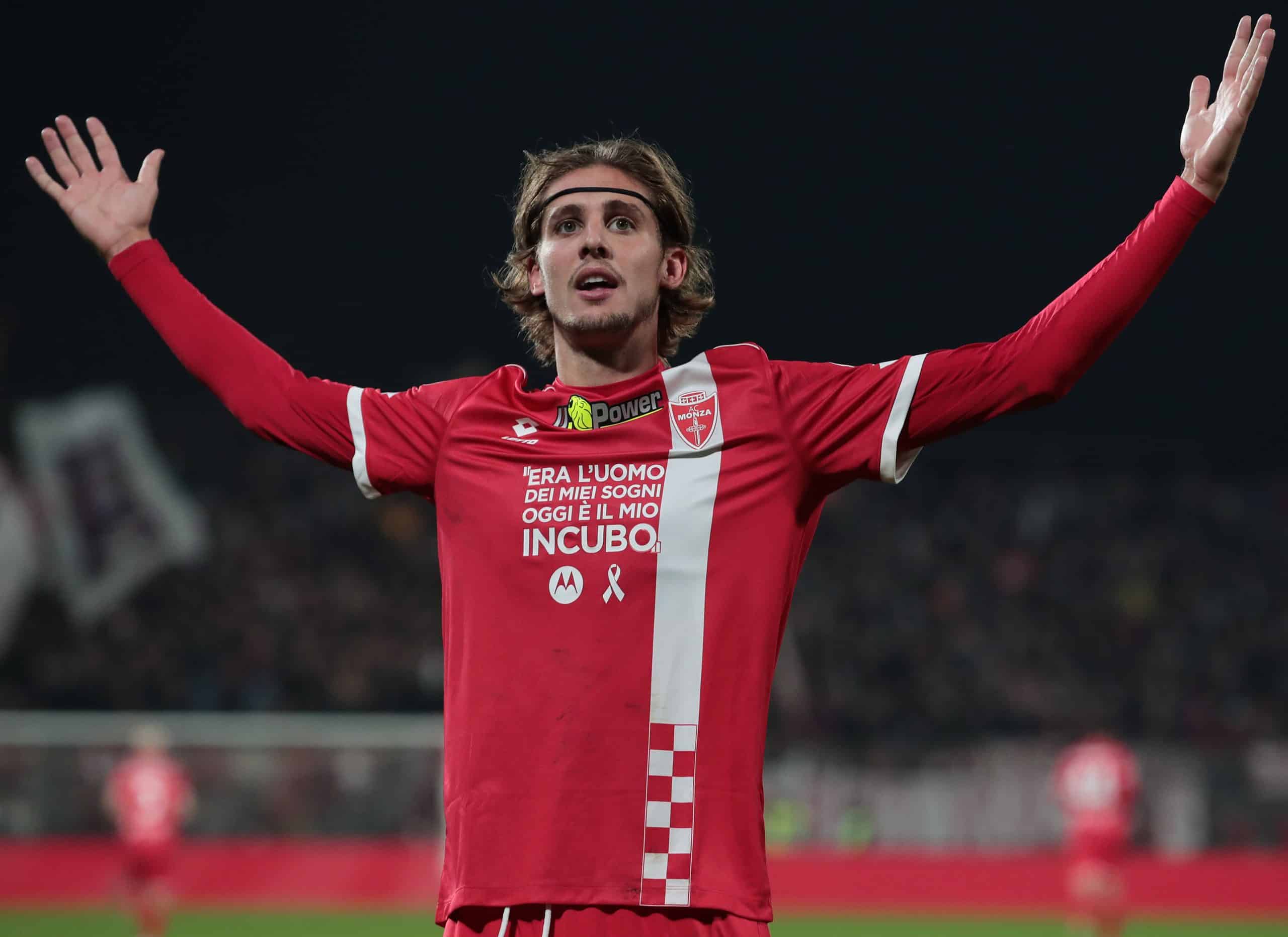 MONZA, ITALY - NOVEMBER 11: Andrea Colpani of AC Monza celebrates after scoring the team's first goal during the Serie A TIM match between AC Monza and Torino FC at U-Power Stadium on November 11, 2023 in Monza, Italy. (Photo by Emilio Andreoli/Getty Images)