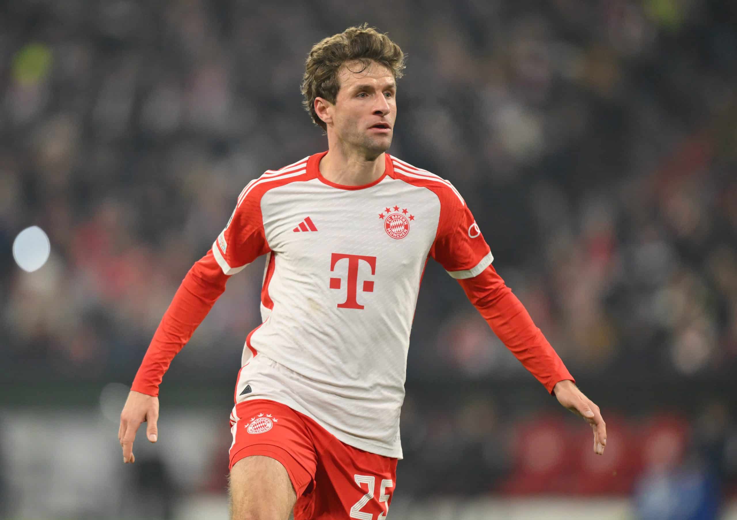 MUNICH, GERMANY - NOVEMBER 29: Thomas Müller of FC Bayern München looks on during the UEFA Champions League match between FC Bayern München and F.C. Copenhagen at Allianz Arena on November 29, 2023 in Munich, Germany. (Photo by Sebastian Widmann/Getty Images)