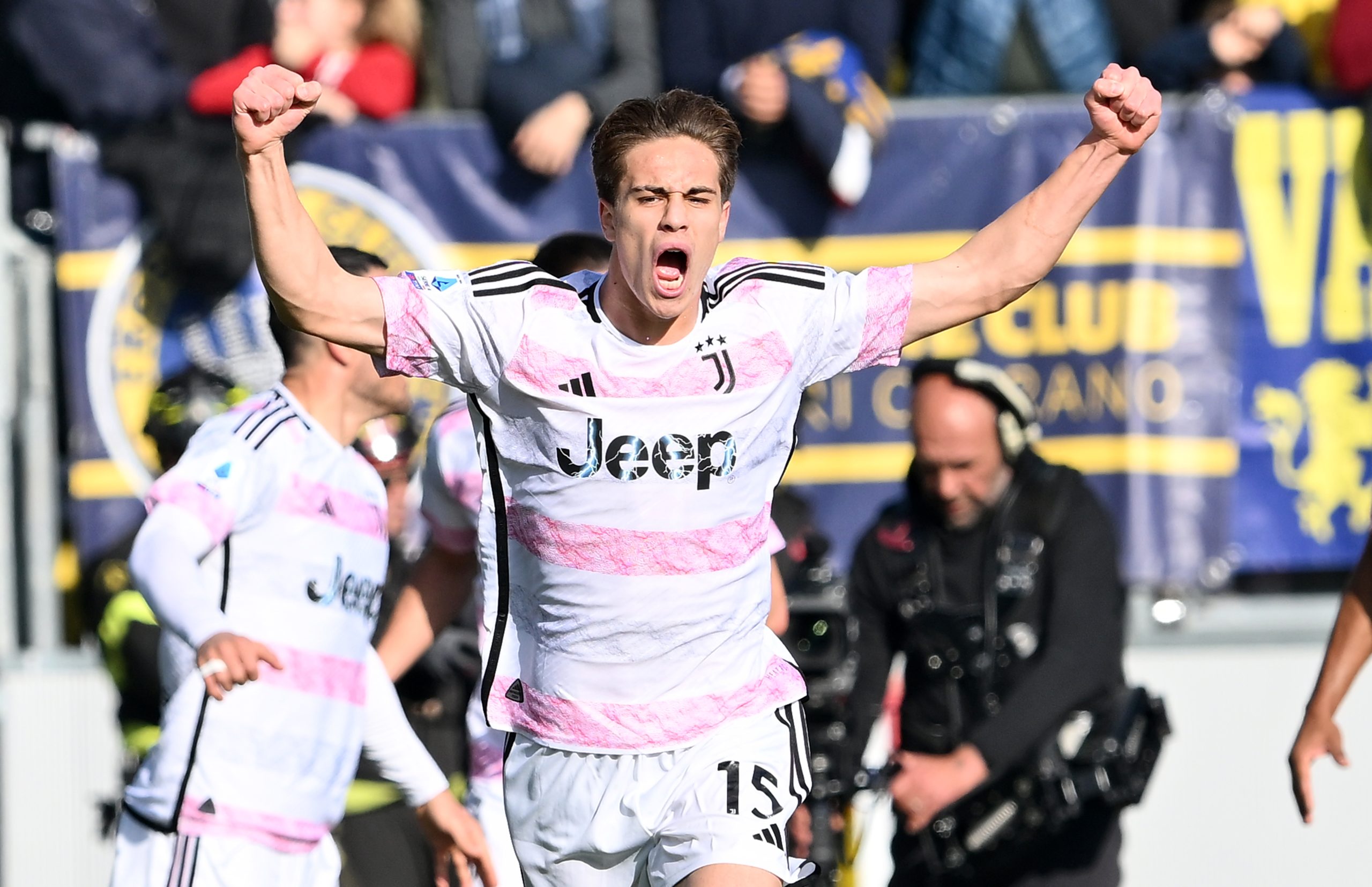 FROSINONE, ITALY - DECEMBER 23: Kenan Yildiz of FC Juventus celebrates after scoring opening goal during the Serie A TIM match between Frosinone Calcio and Juventus at Stadio Benito Stirpe on December 23, 2023 in Frosinone, Italy. (Photo by Giuseppe Bellini/Getty Images)