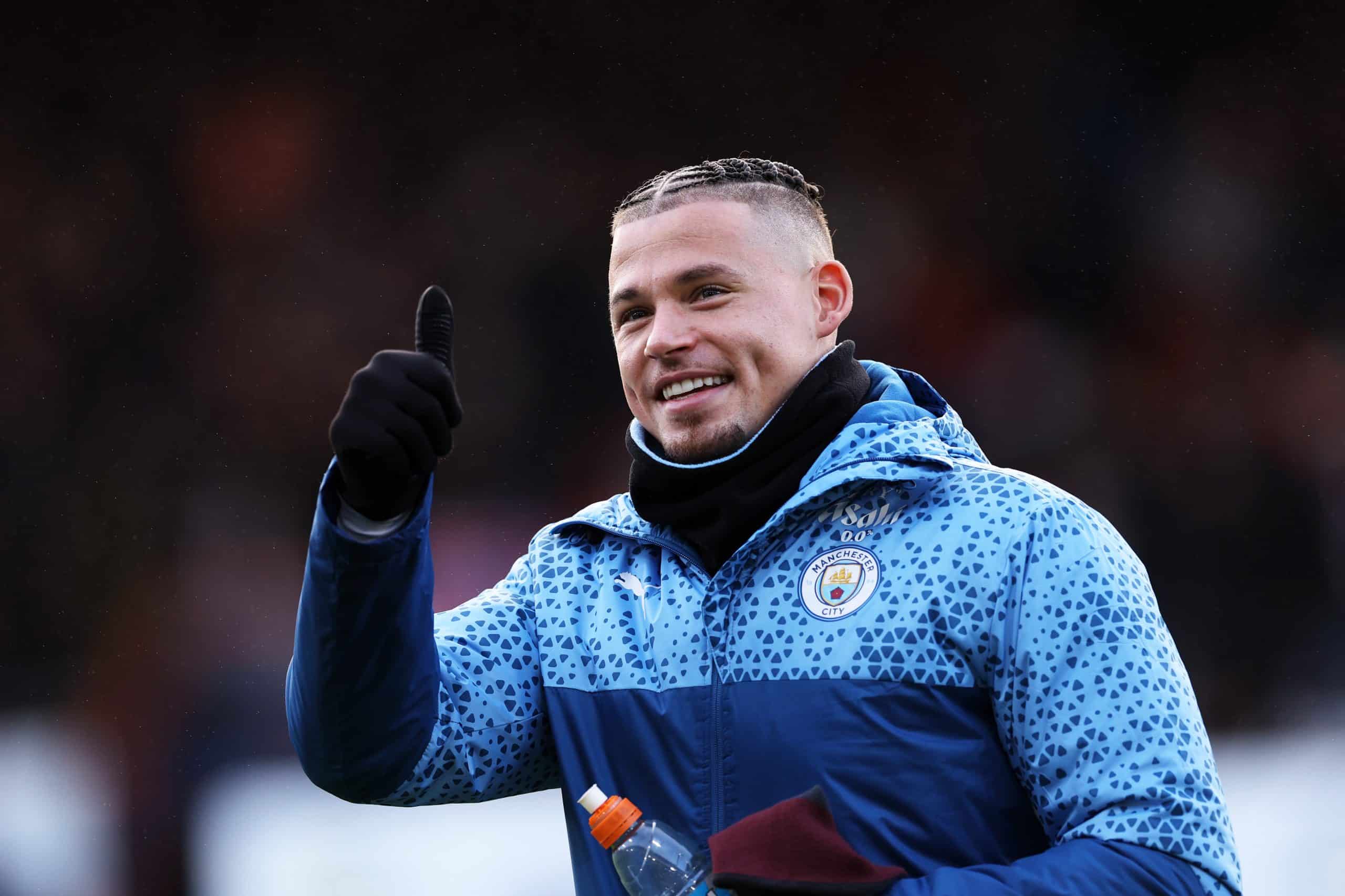 LUTON, ENGLAND - DECEMBER 10: Kalvin Phillips of Manchester City looks on prior to the Premier League match between Luton Town and Manchester City at Kenilworth Road on December 10, 2023 in Luton, England. (Photo by Richard Heathcote/Getty Images)