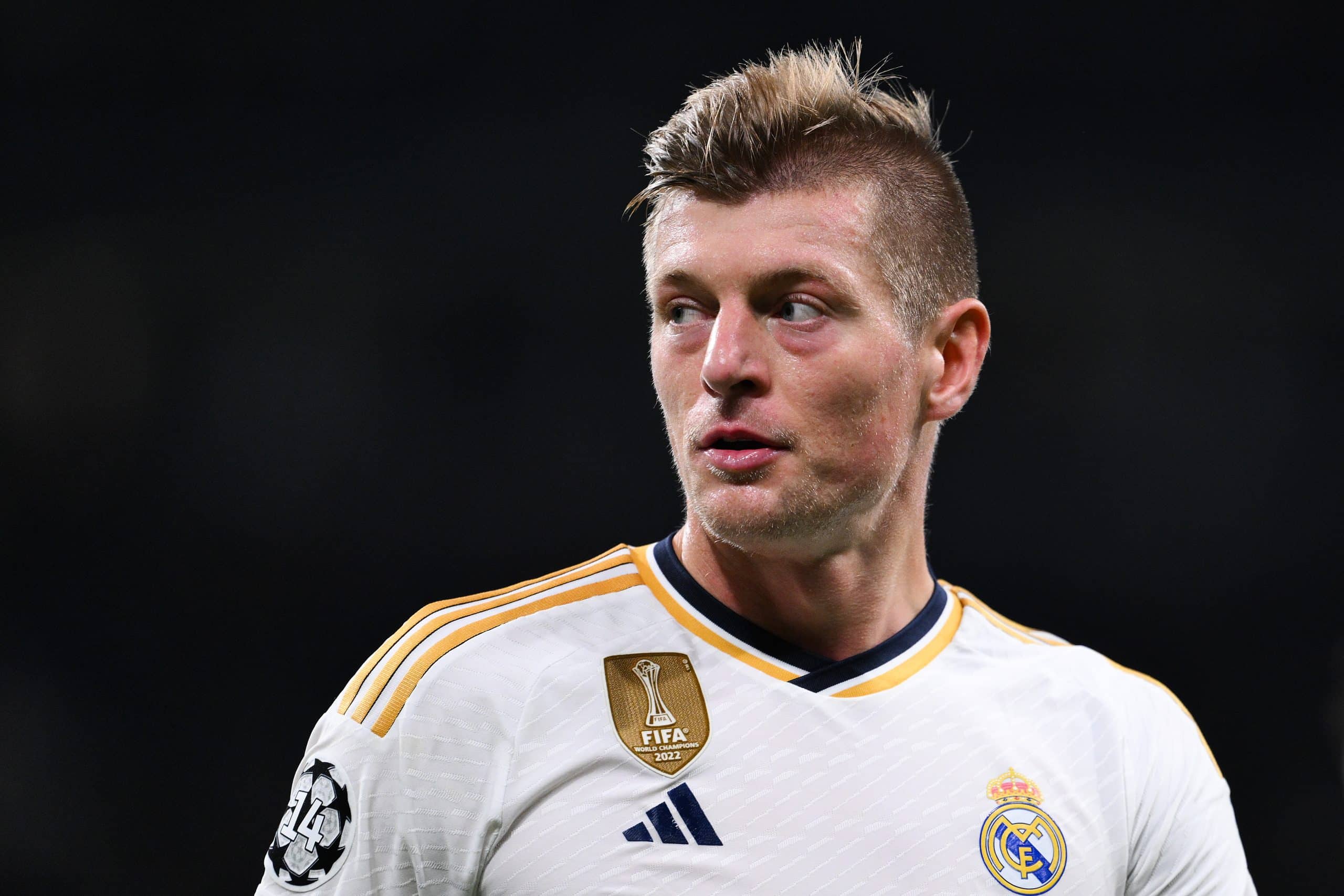 MADRID, SPAIN - NOVEMBER 08: Toni Kroos of Real Madrid CF looks during the UEFA Champions League match between Real Madrid and SC Braga at Estadio Santiago Bernabeu on November 08, 2023 in Madrid, Spain. (Photo by David Ramos/Getty Images)