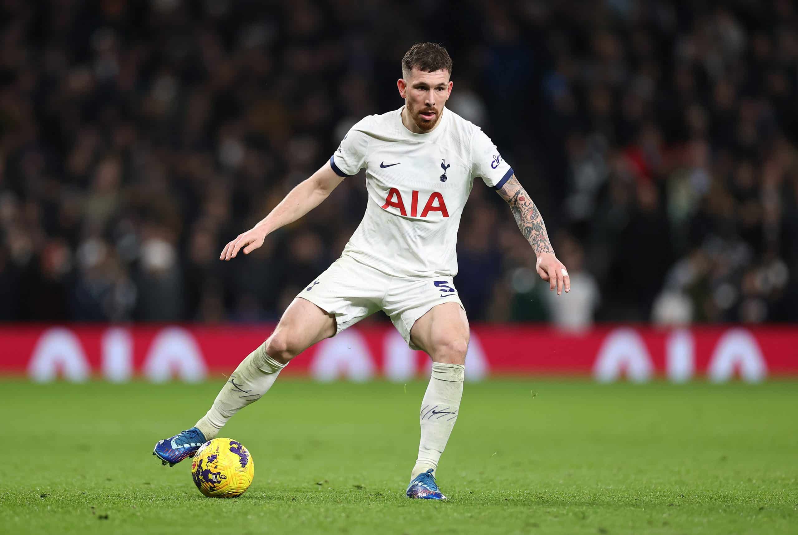 LONDON, ENGLAND - DECEMBER 07: Pierre-Emile Hojbjerg of Tottenham Hotspur controls the ball during the Premier League match between Tottenham Hotspur and West Ham United at Tottenham Hotspur Stadium on December 07, 2023 in London, England. (Photo by Ryan Pierse/Getty Images)