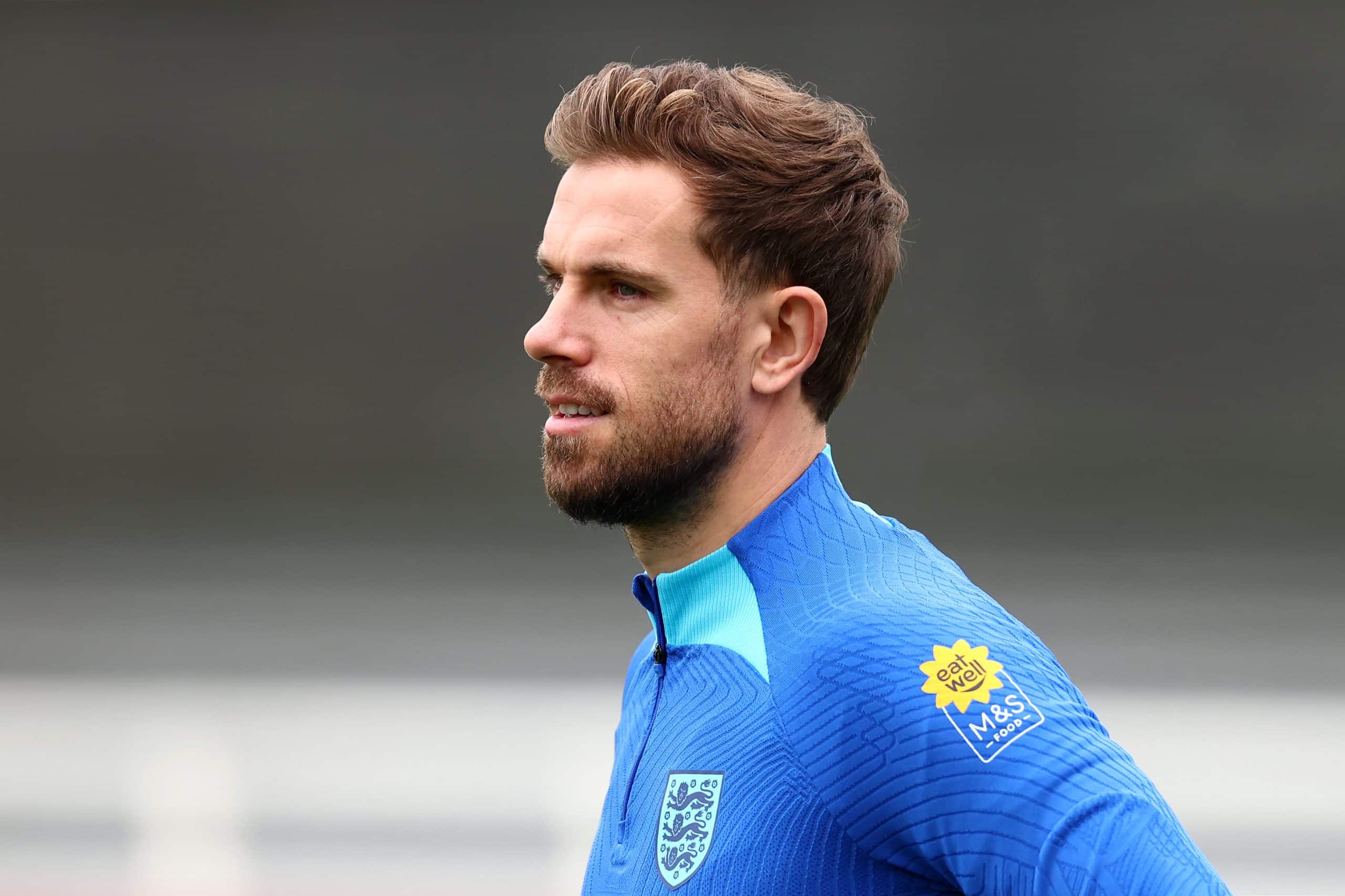 BURTON-UPON-TRENT, ENGLAND - NOVEMBER 16: Jordan Henderson of England looks on during an England Training Session at St Georges Park on November 16, 2023 in Burton-upon-Trent, England. (Photo by Naomi Baker/Getty Images)