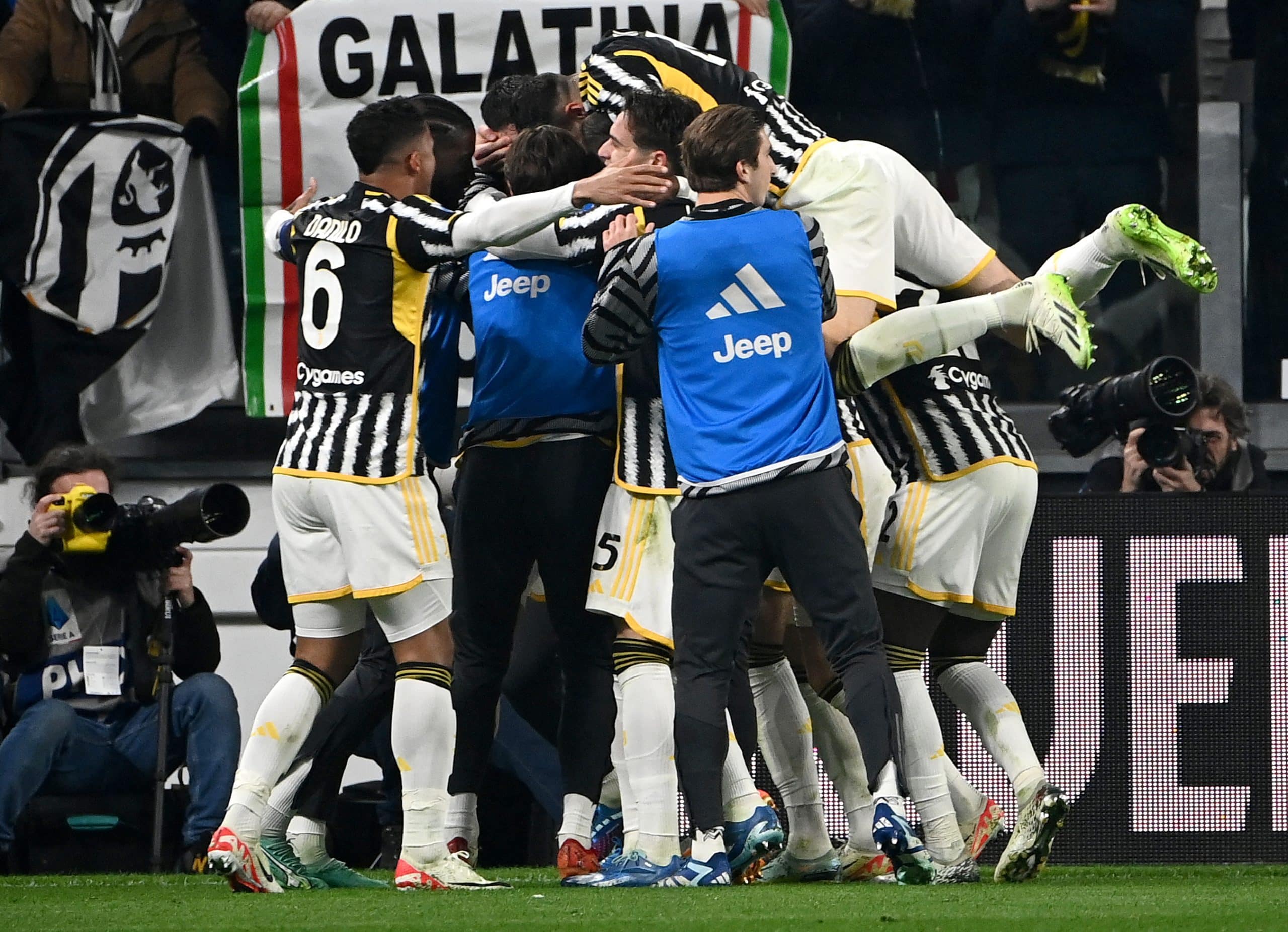Juventus' players celebrate after scoring their first goal during the Italian Serie A football match between Juventus and Roma at the Allianz Stadium in Turin, on December 30, 2023. (Photo by Isabella BONOTTO / AFP) (Photo by ISABELLA BONOTTO/AFP via Getty Images)