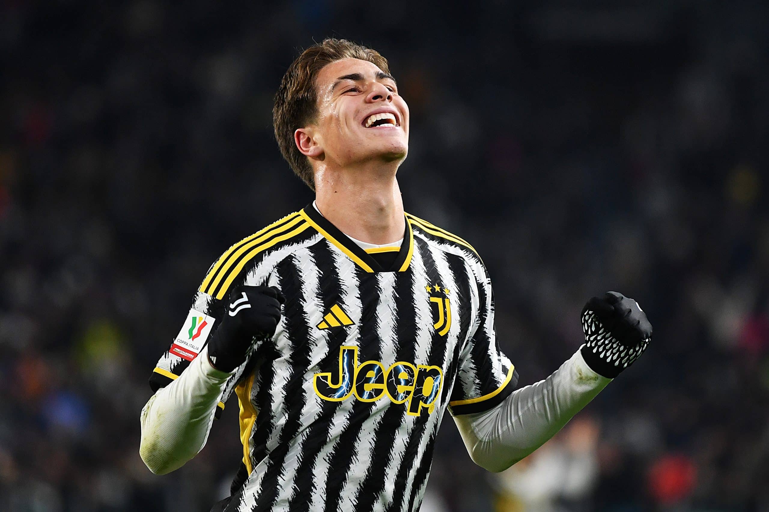 TURIN, ITALY - JANUARY 04: Kenan Yildiz of Juventus celebrates scoring their team's fifth goal during the Coppa Italia Round of 16 match between Juventus FC and US Salernitana at Allianz Stadium on January 04, 2024 in Turin, Italy. (Photo by Valerio Pennicino/Getty Images)