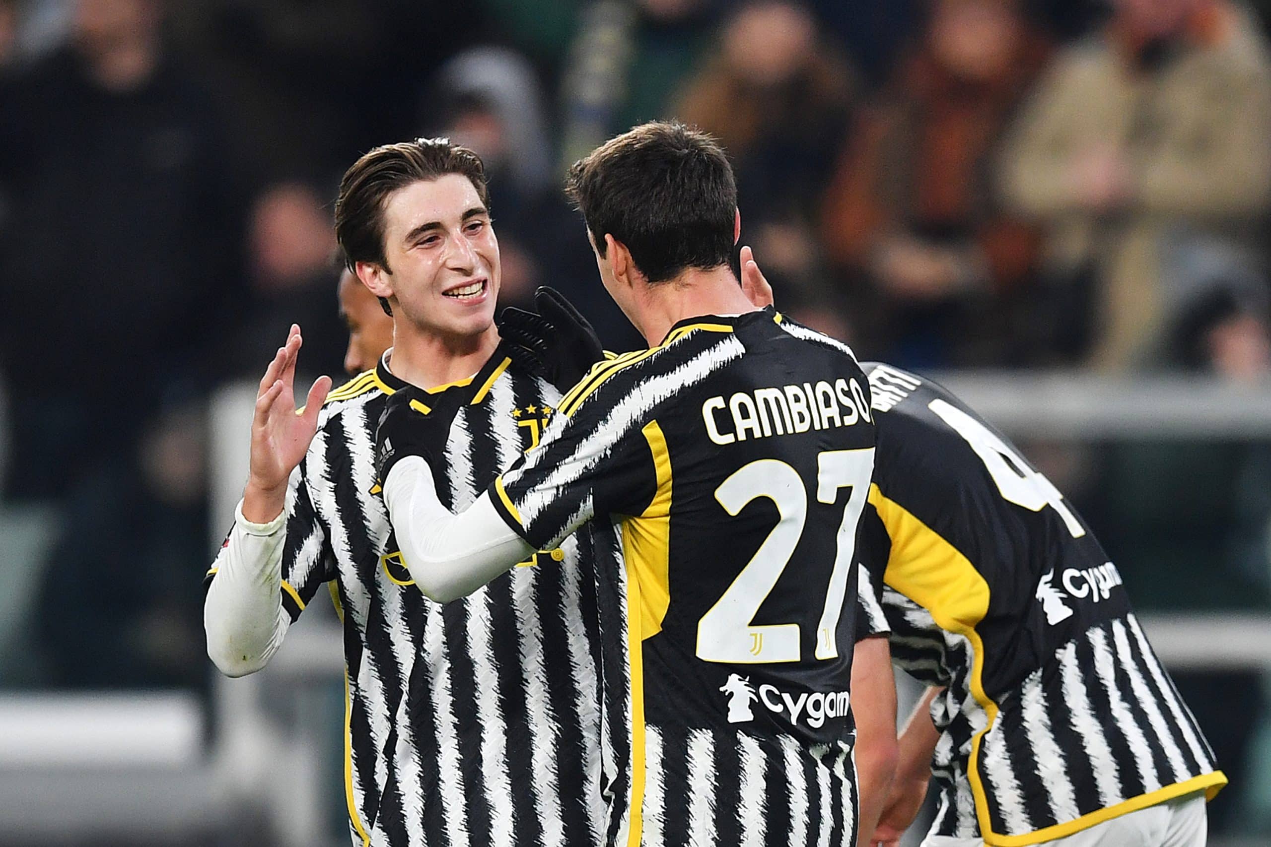 TURIN, ITALY - JANUARY 04: Andrea Cambiaso of Juventus celebrates with teammate Fabio Miretti after scoring their team's second goal during the Coppa Italia Round of 16 match between Juventus FC and US Salernitana at Allianz Stadium on January 04, 2024 in Turin, Italy. (Photo by Valerio Pennicino/Getty Images)