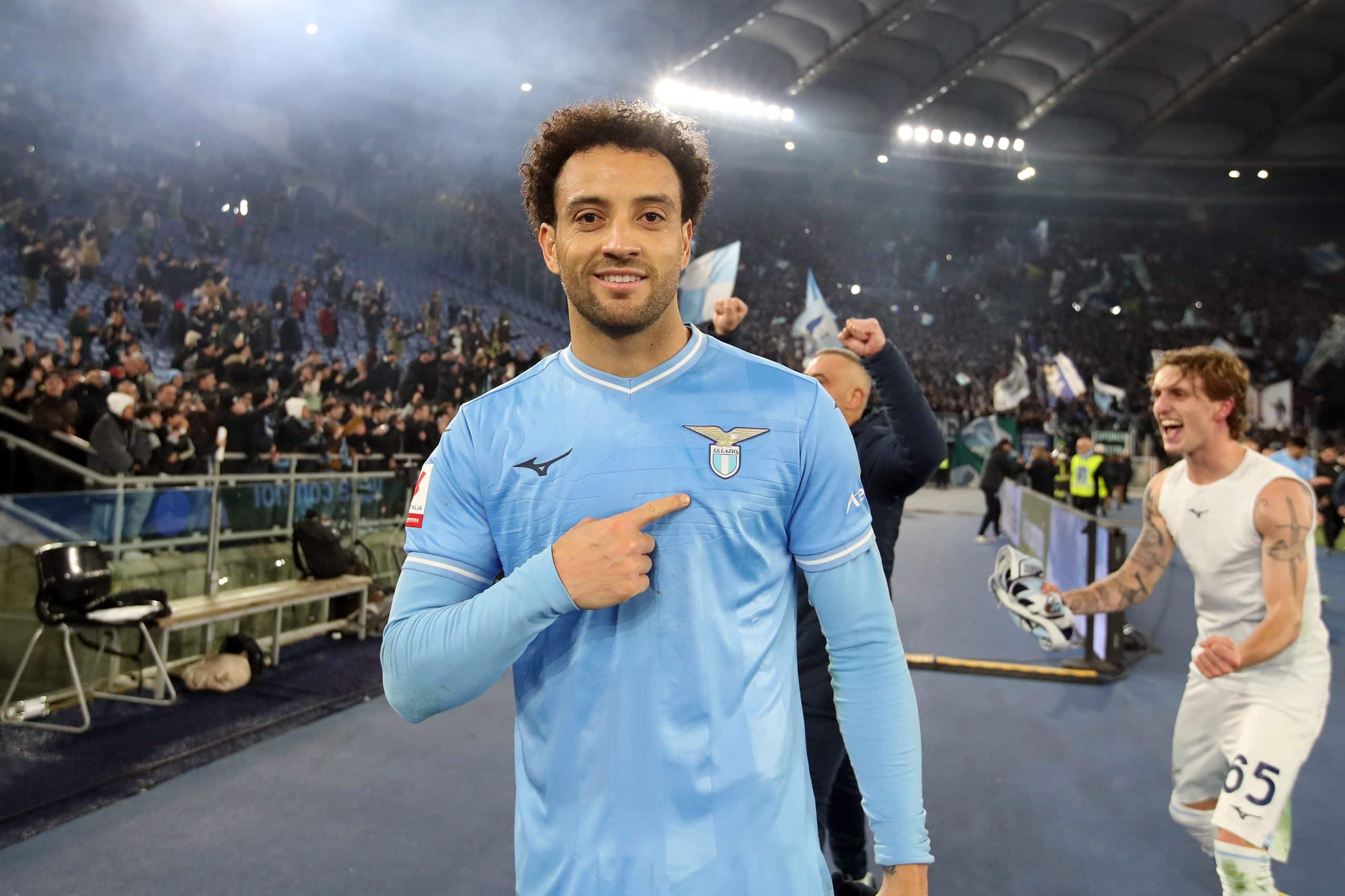 ROME, ITALY - JANUARY 10: Felipe Anderson of SS Lazio celebrates following the team's victory in the Coppa Italia match between SS Lazio and AS Roma at Stadio Olimpico on January 10, 2024 in Rome, Italy. (Photo by Paolo Bruno/Getty Images)