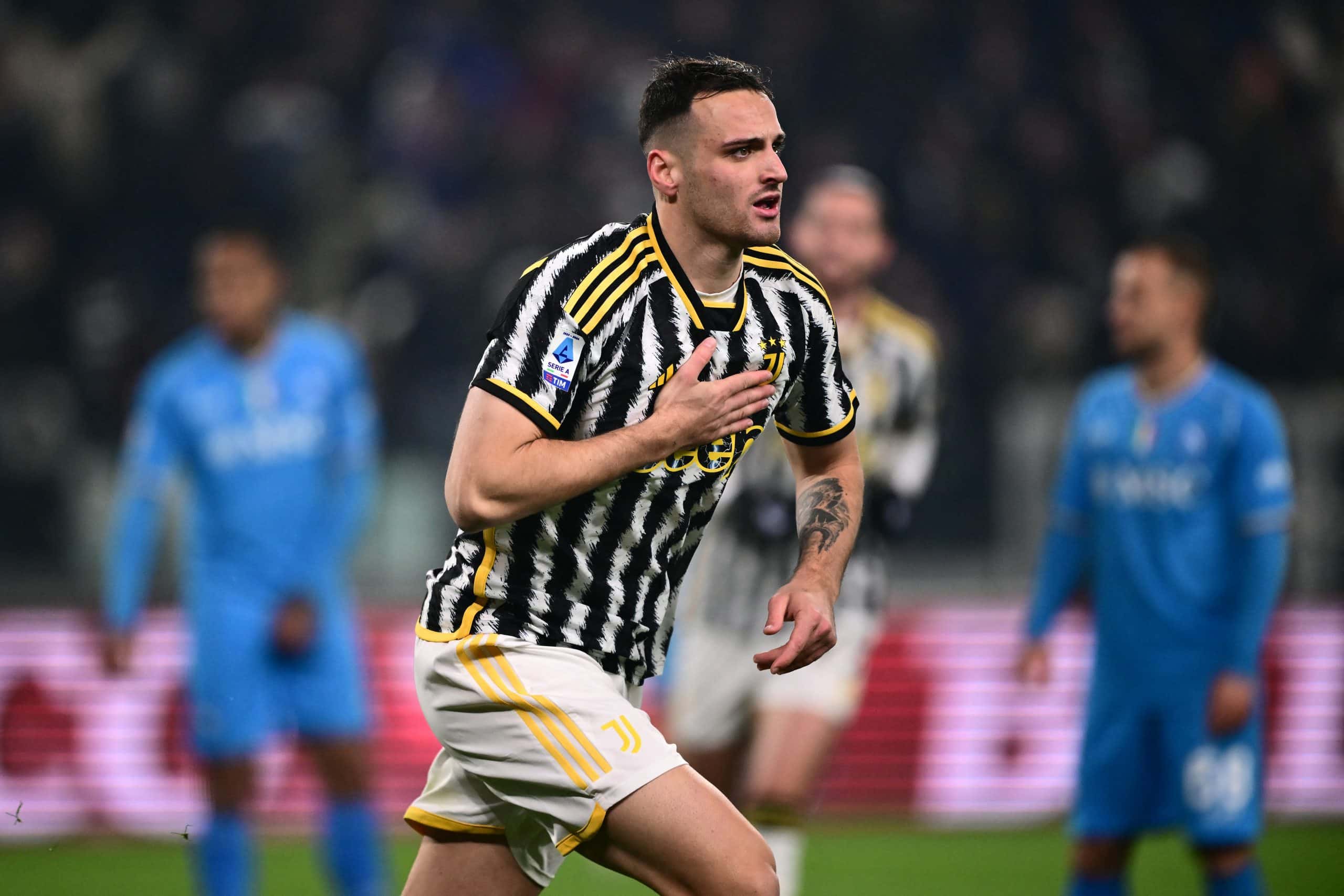 TOPSHOT - Juventus' Italian defender #04 Federico Gatti celebrates after scoring the team's first goal during the Italian Serie A football match between Juventus and Napoli, at The Allianz Stadium, in Turin on December 8, 2023. (Photo by Marco BERTORELLO / AFP) (Photo by MARCO BERTORELLO/AFP via Getty Images)