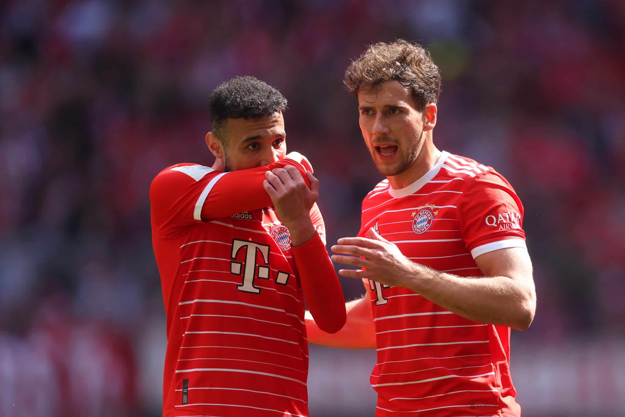 MUNICH, GERMANY - APRIL 30: Leon Goretzka of FC Bayern Munich speaks with teammate Noussair Mazraoui during the Bundesliga match between FC Bayern München and Hertha BSC at Allianz Arena on April 30, 2023 in Munich, Germany. (Photo by Alexander Hassenstein/Getty Images)