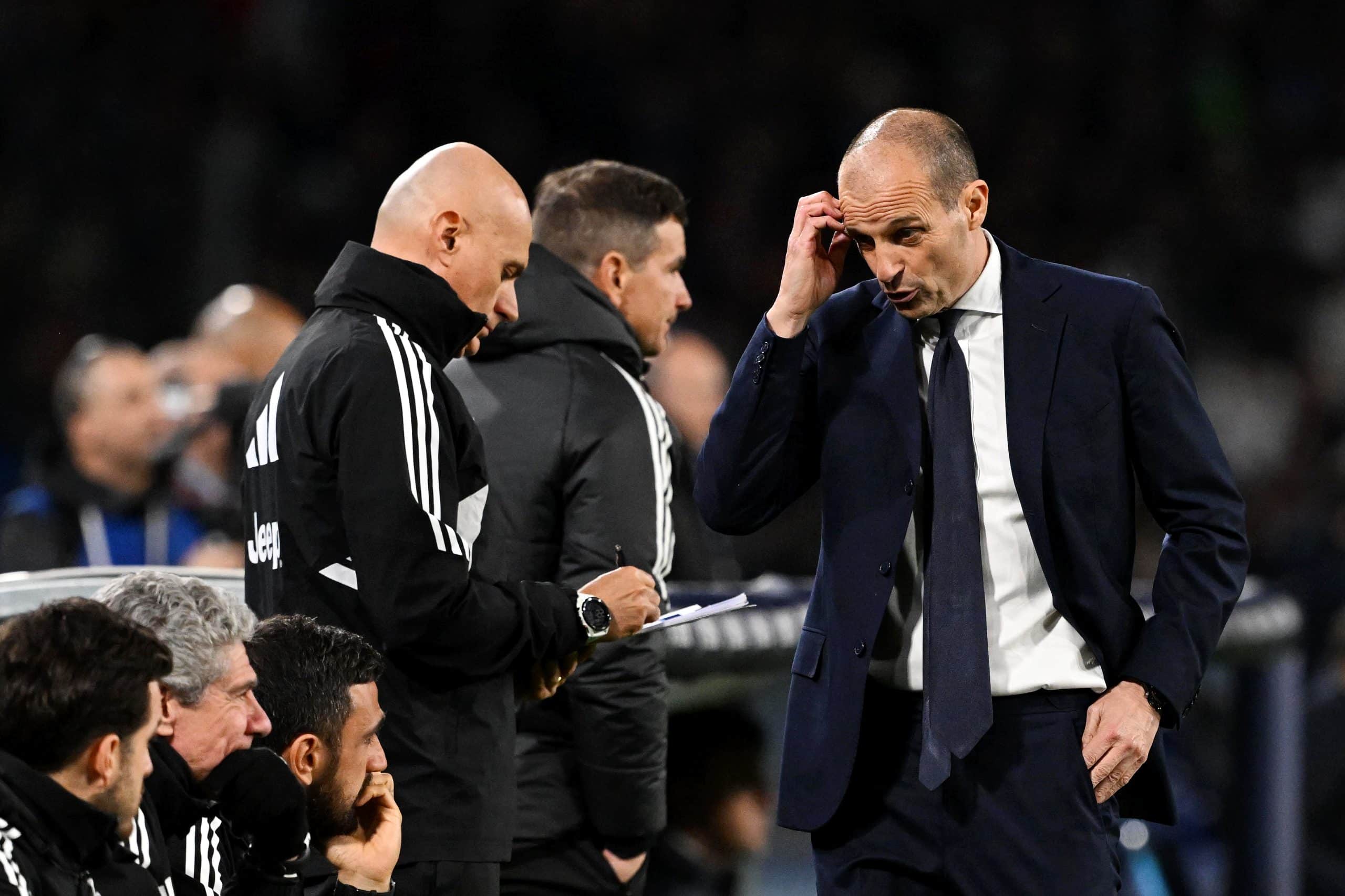 NAPLES, ITALY - MARCH 03: Massimiliano Allegri, Head Coach of Juventus, reacts during the Serie A TIM match between SSC Napoli and Juventus at Stadio Diego Armando Maradona on March 03, 2024 in Naples, Italy. (Photo by Francesco Pecoraro/Getty Images)