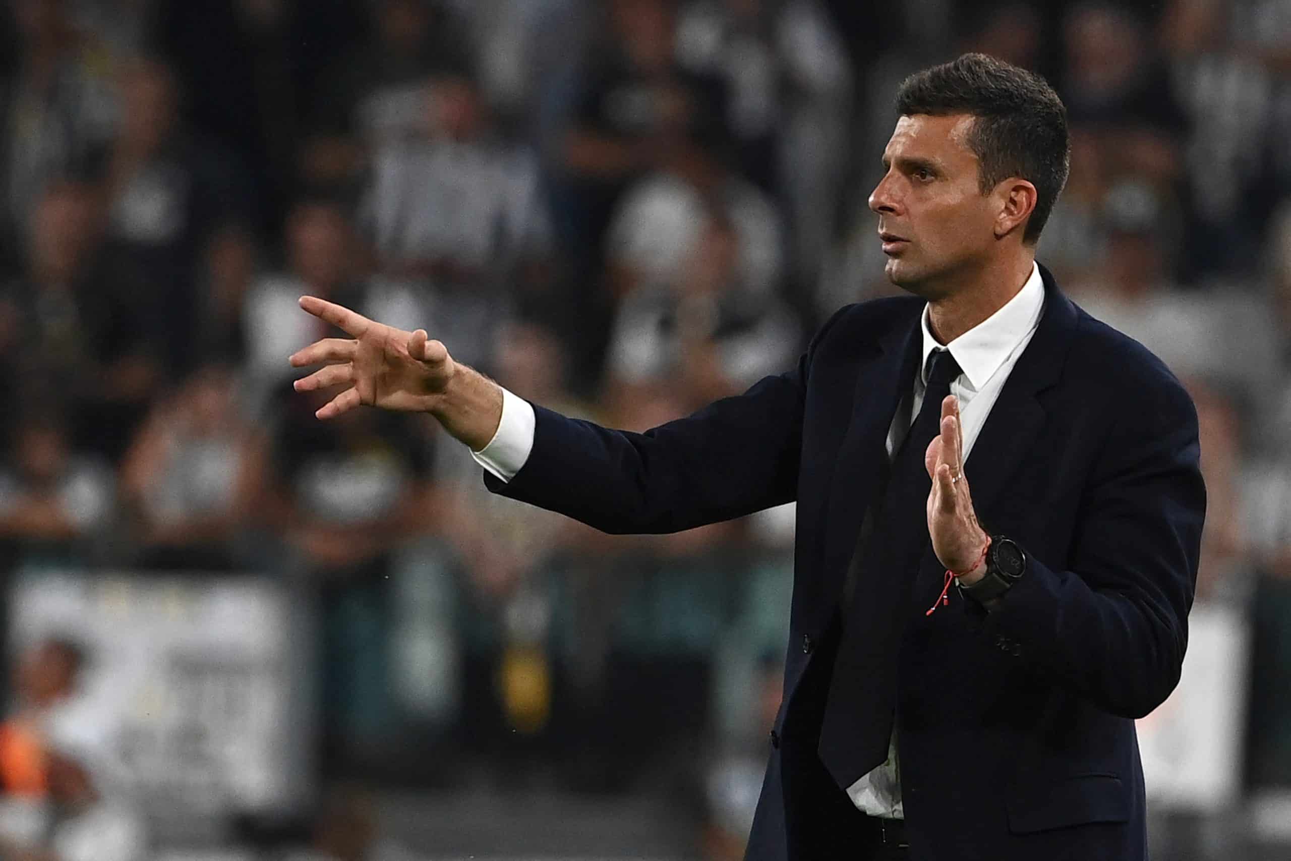 Juventus' Italian head coach Thiago Motta reacts during the Italian Serie A football match between Juventus and Roma at Allianz Stadium in Turin, on September 1, 2024. (Photo by Isabella BONOTTO / AFP) (Photo by ISABELLA BONOTTO/AFP via Getty Images)