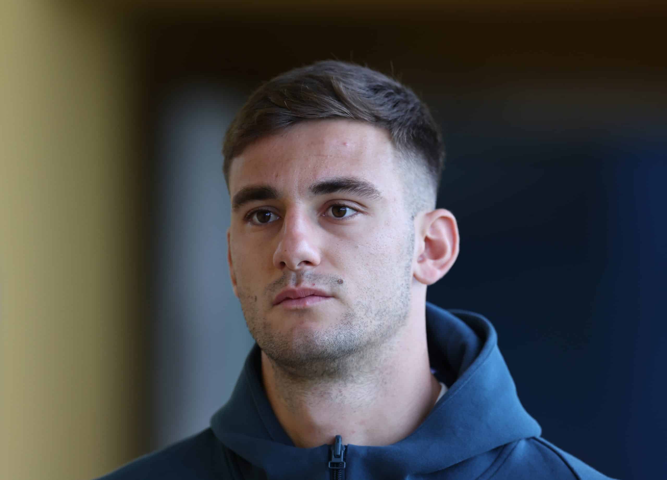 FLORENCE, ITALY - OCTOBER 08: Lorenzo Lucca of Italy looks on prior to the Italy training session at Centro Tecnico Federale di Coverciano on October 08, 2024 in Florence, Italy. (Photo by Claudio Villa/Getty Images)