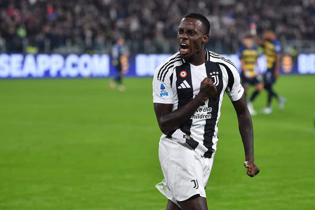 TURIN, ITALY - OCTOBER 30: Timothy Tarpeh Weah of Juventus celebrates after scoring a goal during the Serie A match between Juventus and Parma at Juventus Stadium on October 30, 2024 in Turin, Italy. (Photo by Valerio Pennicino/Getty Images)